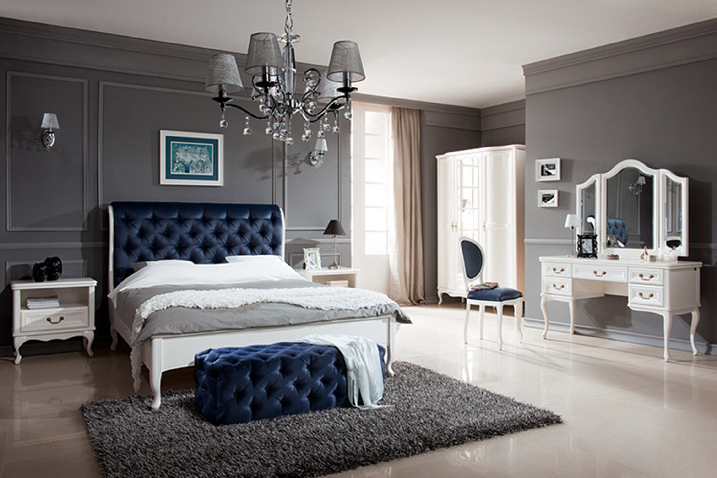 JVmoebel Bett Chesterfield Bett Doppelbett Italienische Möbel Holz Leder Textil Weiß/Blau