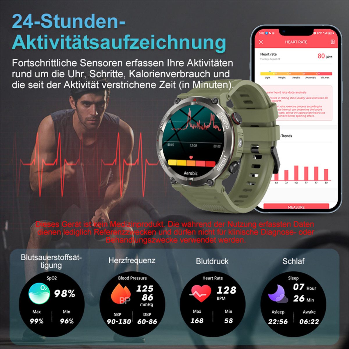 blackview Militärische Smartwatch für Herren mit Telefonfunktion, 960 mAh Akku Smartwatch (1.45 Zoll, iOS/Android), 1× Silikonarmband 1× Geflochtenes Armband 1× Magnetisches Ladekabel, 30 Tage Akkulaufzeit, LED-Taschenlampe, Kompass,150+ Sportmodi,IP68