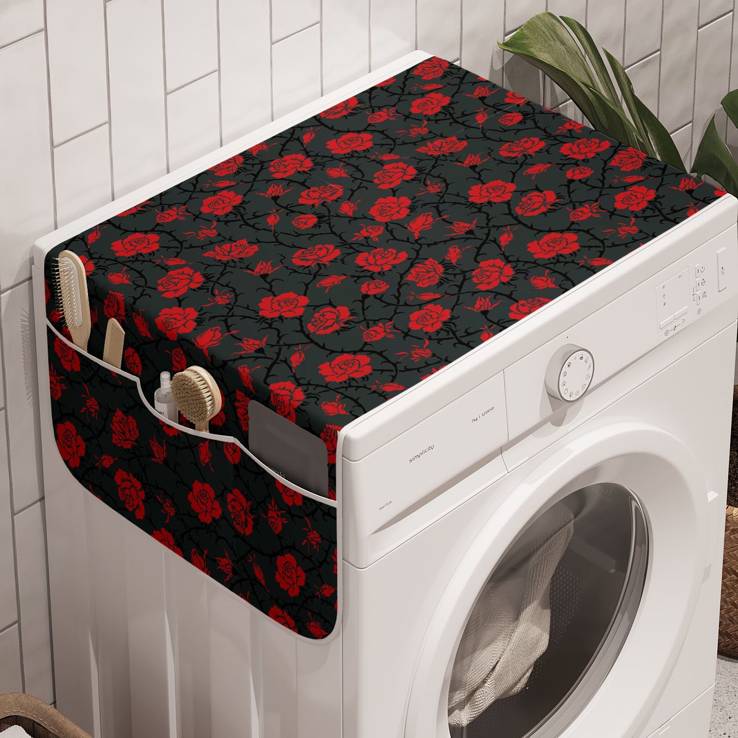 Abakuhaus Badorganizer Anti-Rutsch-Stoffabdeckung für Waschmaschine und Trockner, Rot und Schwarz Romantische Vintage Rose