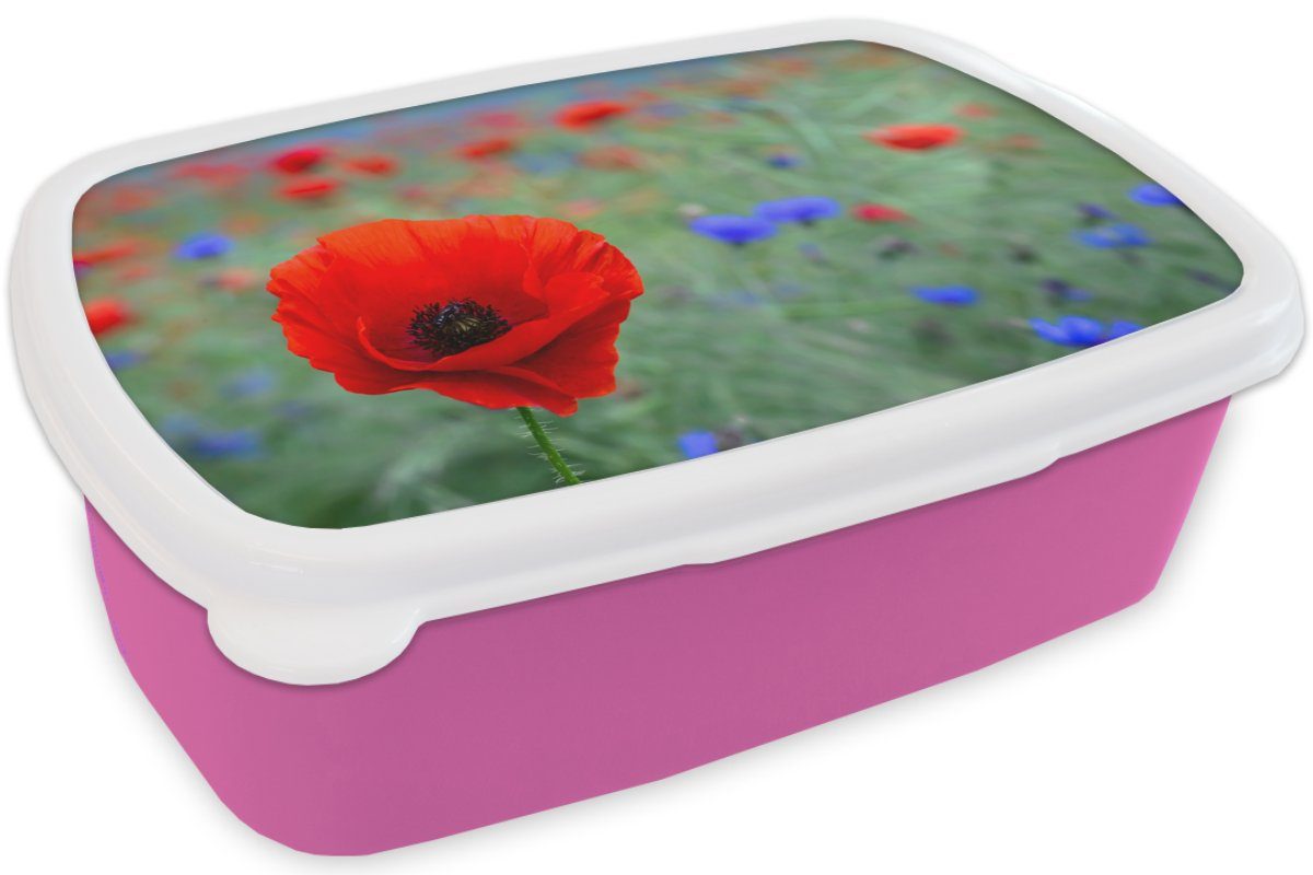 MuchoWow Lunchbox und auf Kunststoff Kinder, Lila Erwachsene, Brotbox rosa für Wiese, Snackbox, Mädchen, Kunststoff, rote Mohnblumen einer Brotdose (2-tlg)
