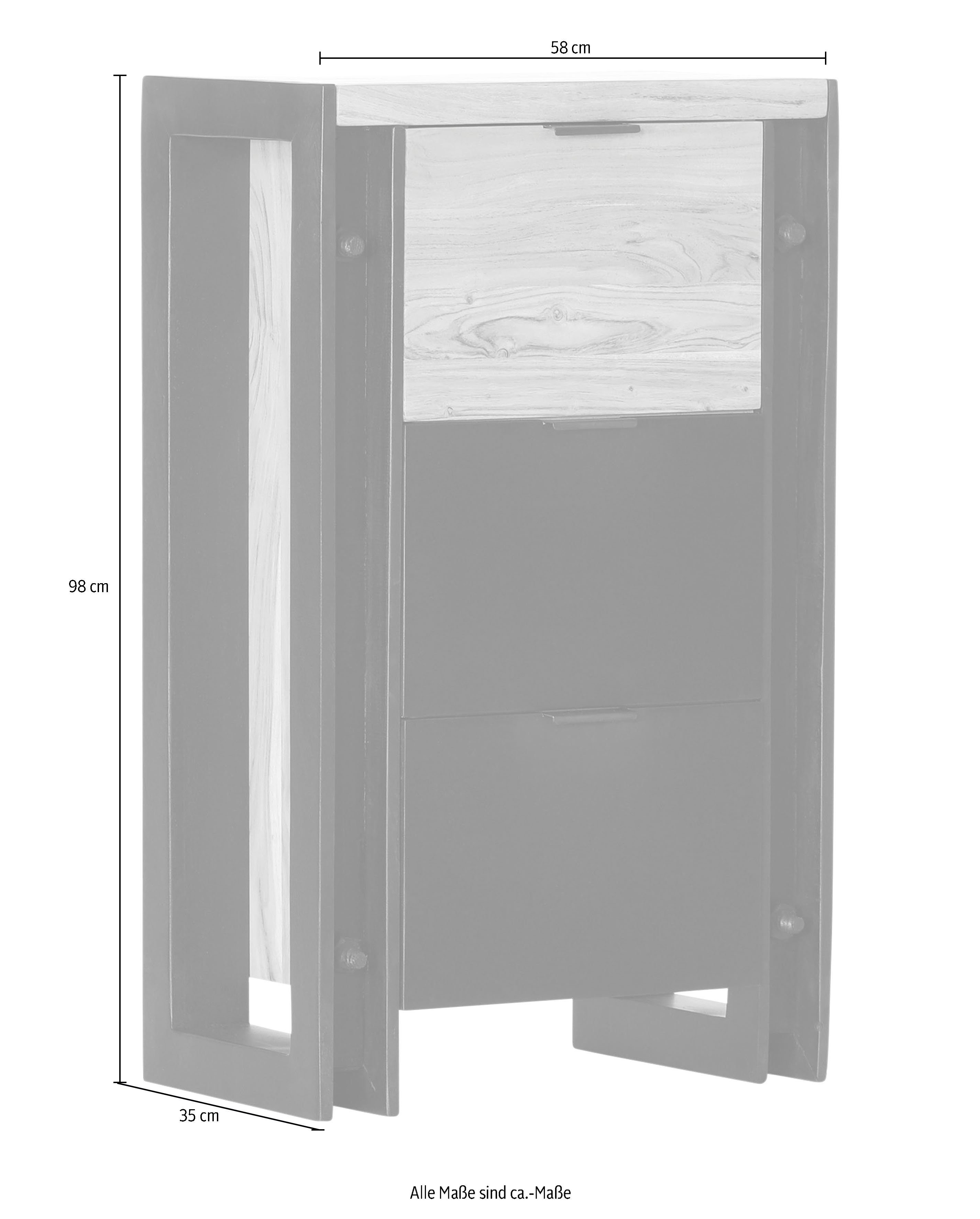 Gutmann Factory Kommode Massivholzkommode aus Akazie, massiv natur, Höhe 98 cm, Gestell schwaz lackiert, in Stahl-Optik