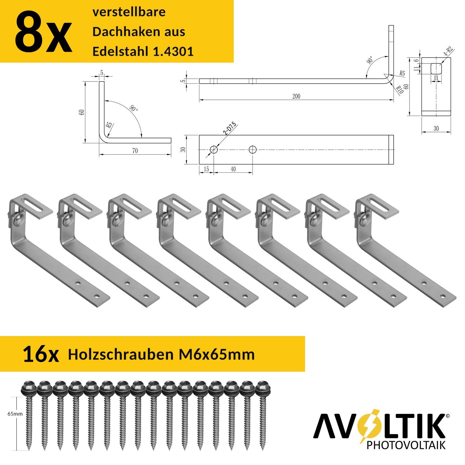 avoltik Solarmodul-Halterung Halterung BitumenDach Montageset mit Klemmen Dach Haken Solar, (Halterung BitumenDach Montageset mit Klemmen Dach Haken Solar, Für 2 oder 4 Solarmodule, Klemmen in silber oder schwarz, Wählbar in der Anlagengröße, Wählbar in der Farbgestaltung)