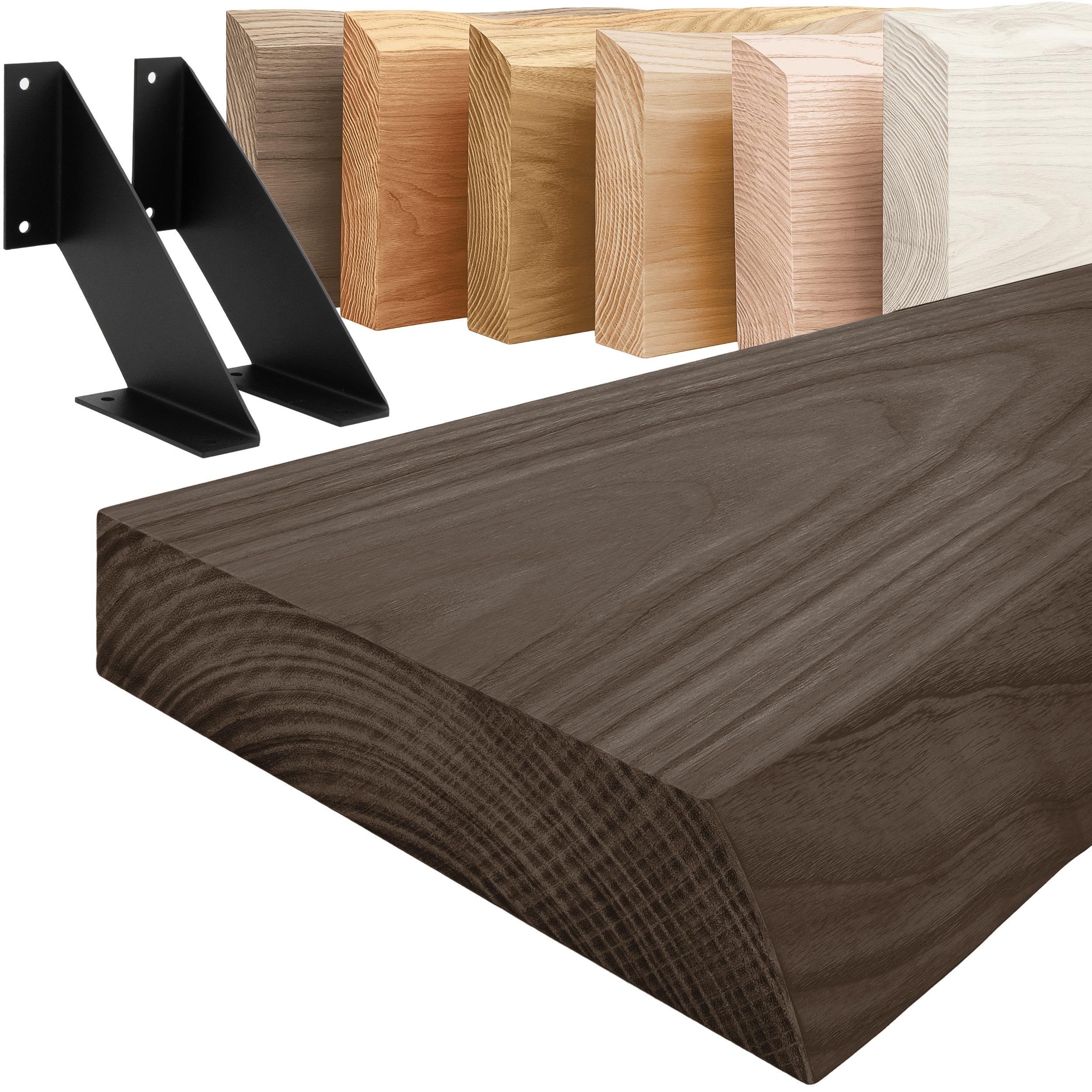 LAMO Manufaktur Wandregal Holz Baumkante Regal Farbe: Schwarz mit schwarzem Vintage 40 cm, Komplett-Set, 40mm stake Massivholzplatte