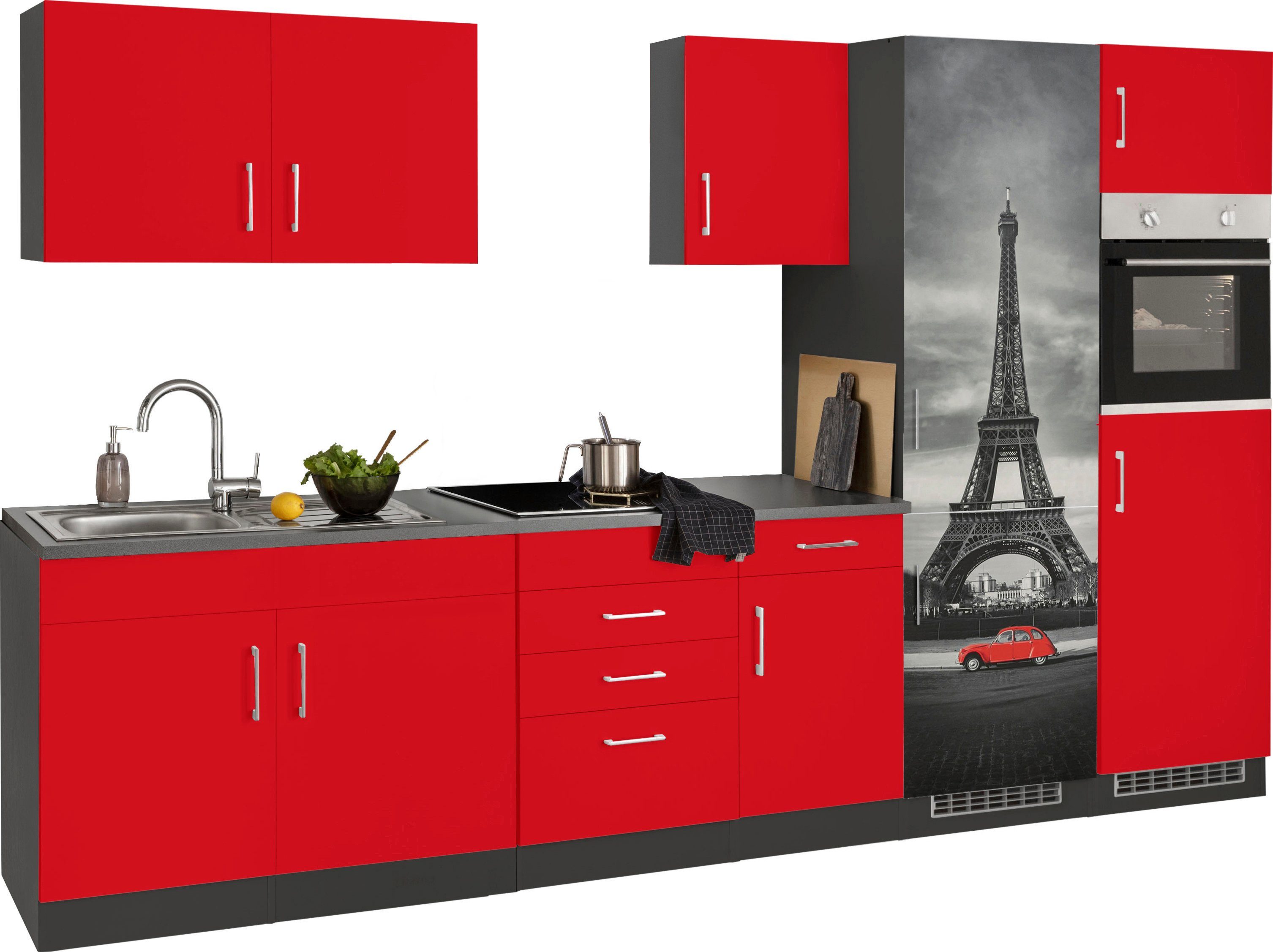 KOCHSTATION Küchenzeile KS-Paris – Küchen mit einzigartigen Fotomotiven auf den Fronten, Breite 330 cm, wahlweise mit E-Geräten und Induktion