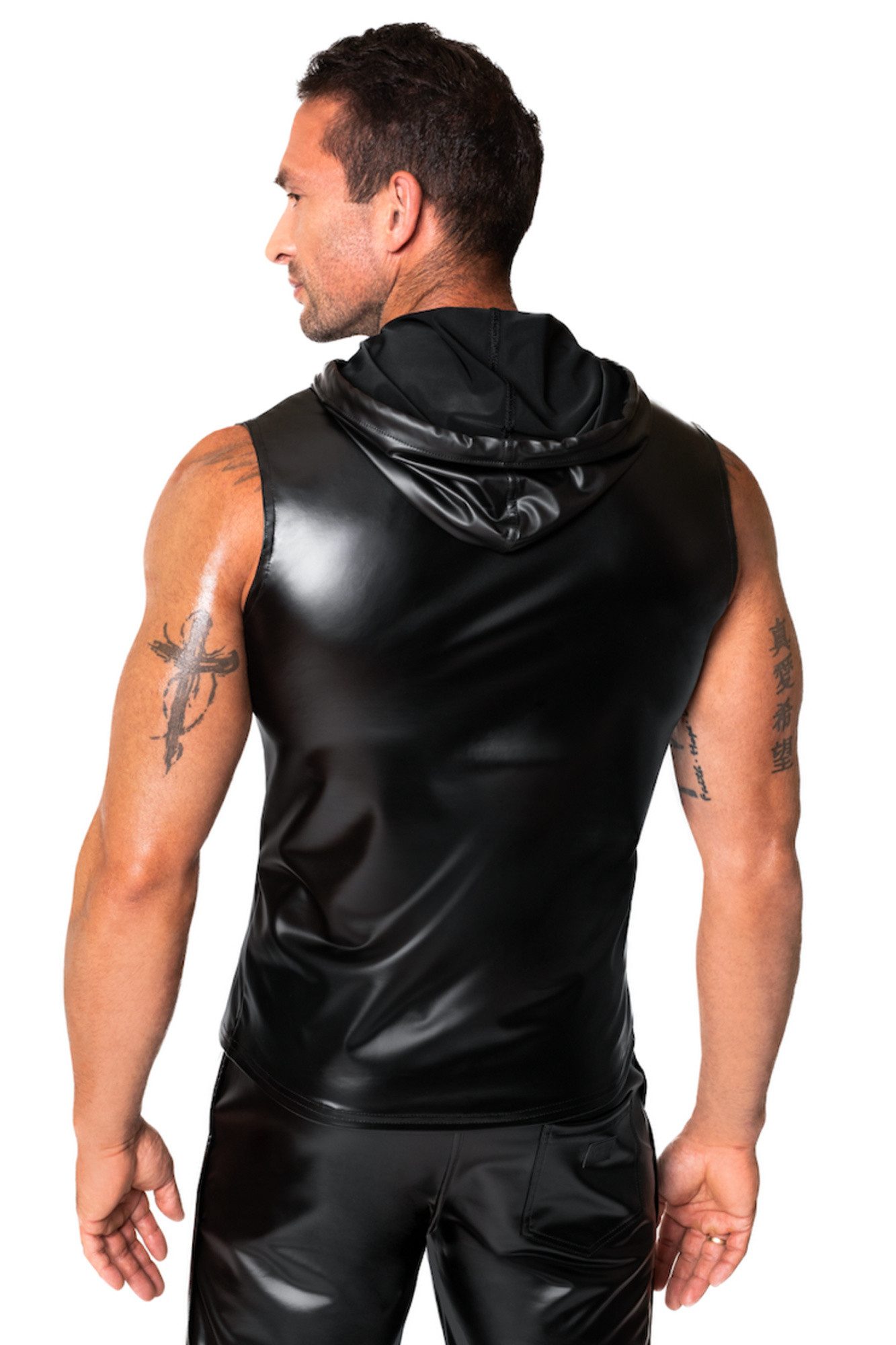 Noir Handmade Men Collection T-Shirt Ärmelloses schwarzes Herren Kapuzenshirt mit Zwei-Wege Reißverschluss