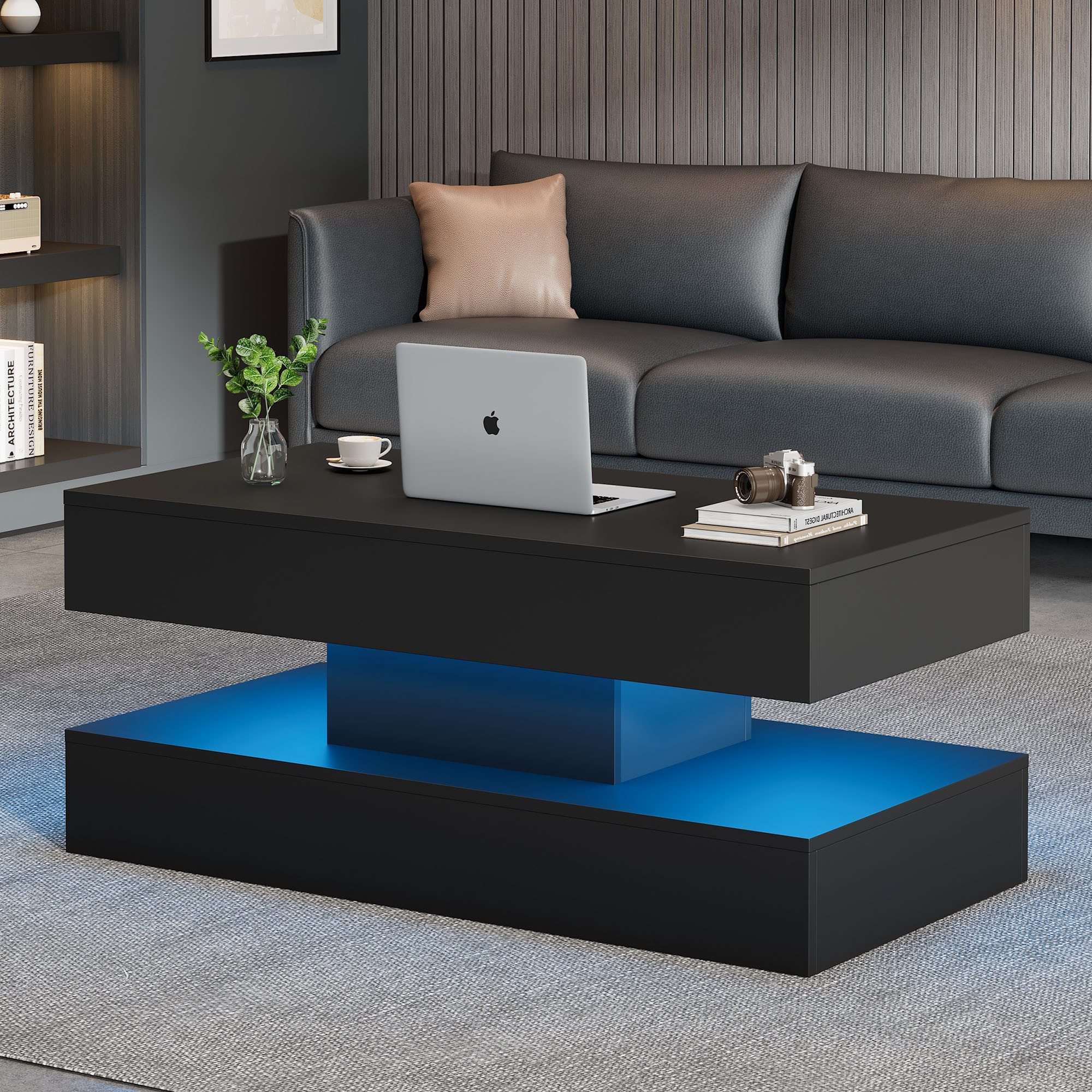 Merax Couchtisch mit LED-Beleuchtung und verstecktem Stauraum (1-St., mit anhebbarer Tischplatte), Höhenverstellbarer Beistelltisch mit hydraulischem Hub, 100x50x42cm