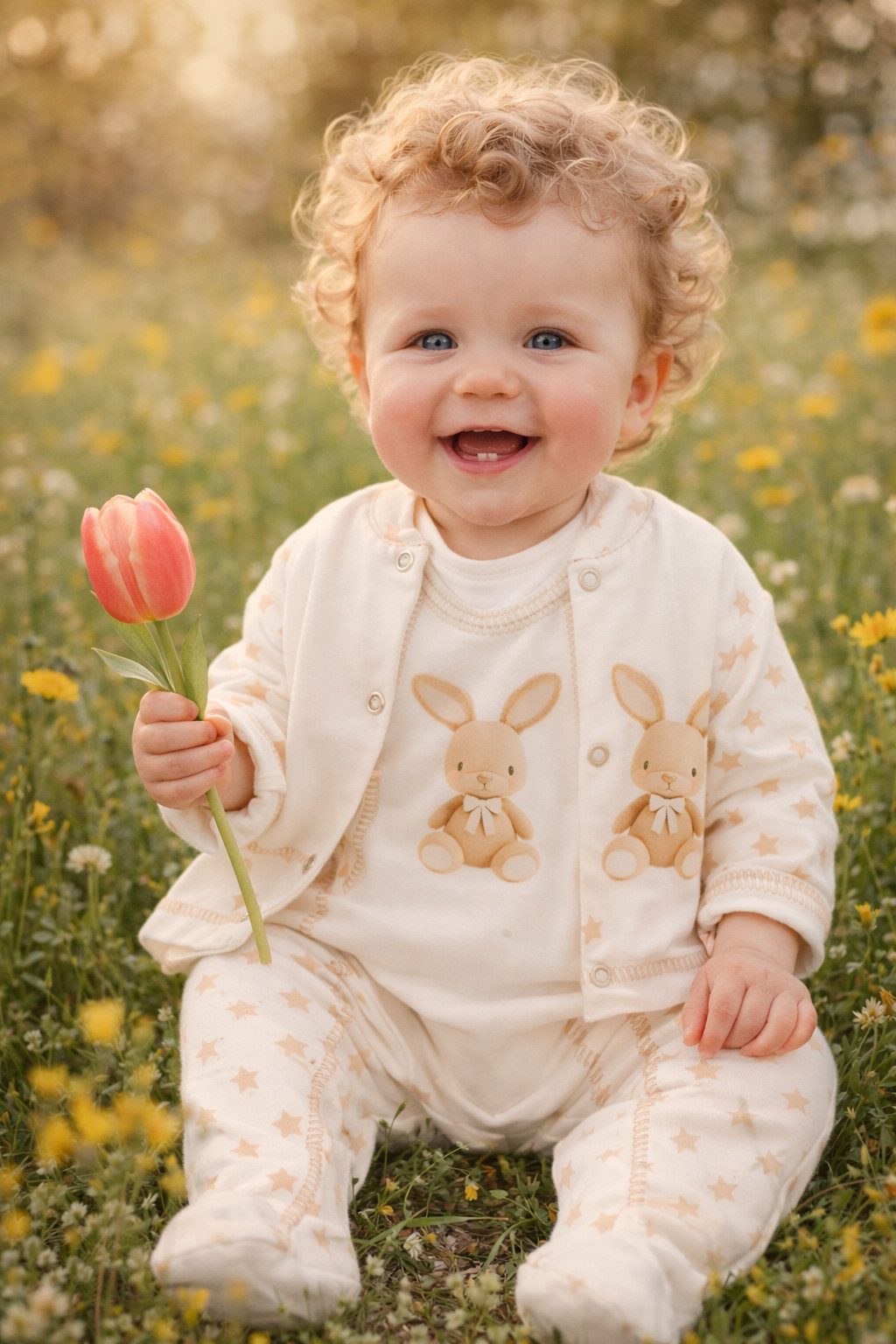 La Bortini Strampler Baby Anzug Strampler und Hemdchen in Creme mit Hasen aus reiner Baumwolle, neutral, 44 50 56 62 68 74