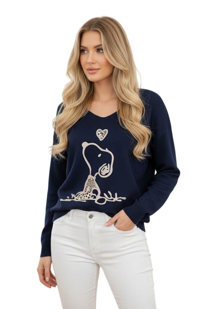 Rehoboth Moda V-Ausschnitt-Pullover Feinstrick Damen Pullover mit Comic Print Patch