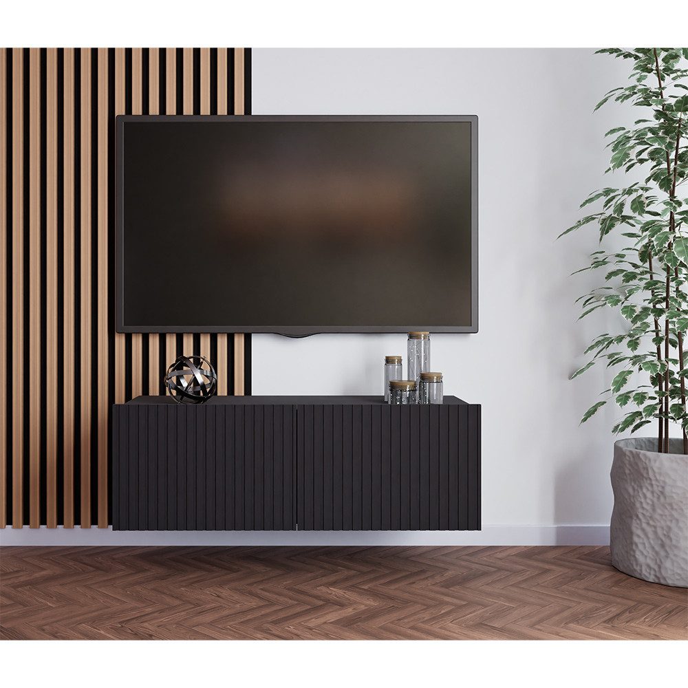 Lomadox Lowboard KEMPTEN-132, in schwarz matt, Rillenfront, 2-türig, Breite 100 cm, Softclose