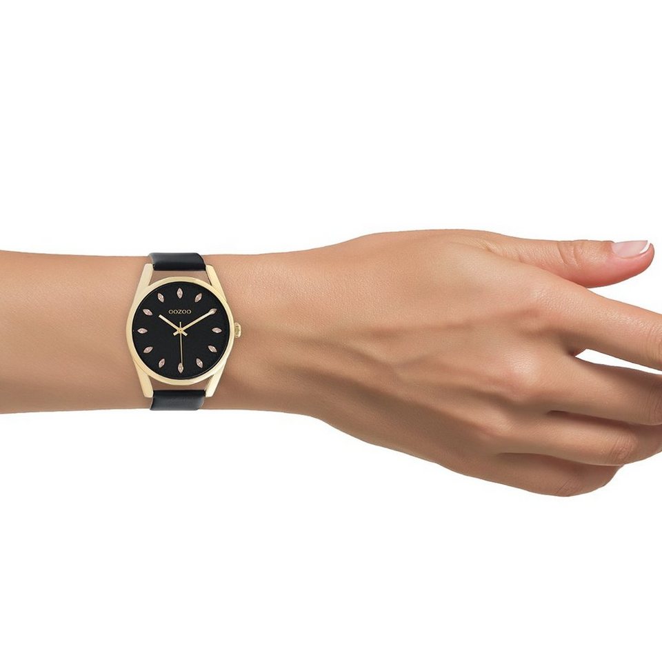 OOZOO Quarzuhr Oozoo Damen Armbanduhr OOZOO Timepieces, Damenuhr rund, groß  (ca. 45mm), Lederarmband schwarz, Fashion, Gehäuse-Durchmesser 42 mm (ohne  Krone), Gehäuse-Höhe ca. 8,6 mm