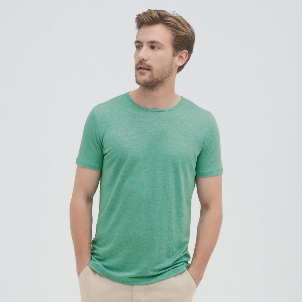 LIVING CRAFTS T-Shirt ANDY Leichter Leinen-Stoff für warme Tage Neptune Green