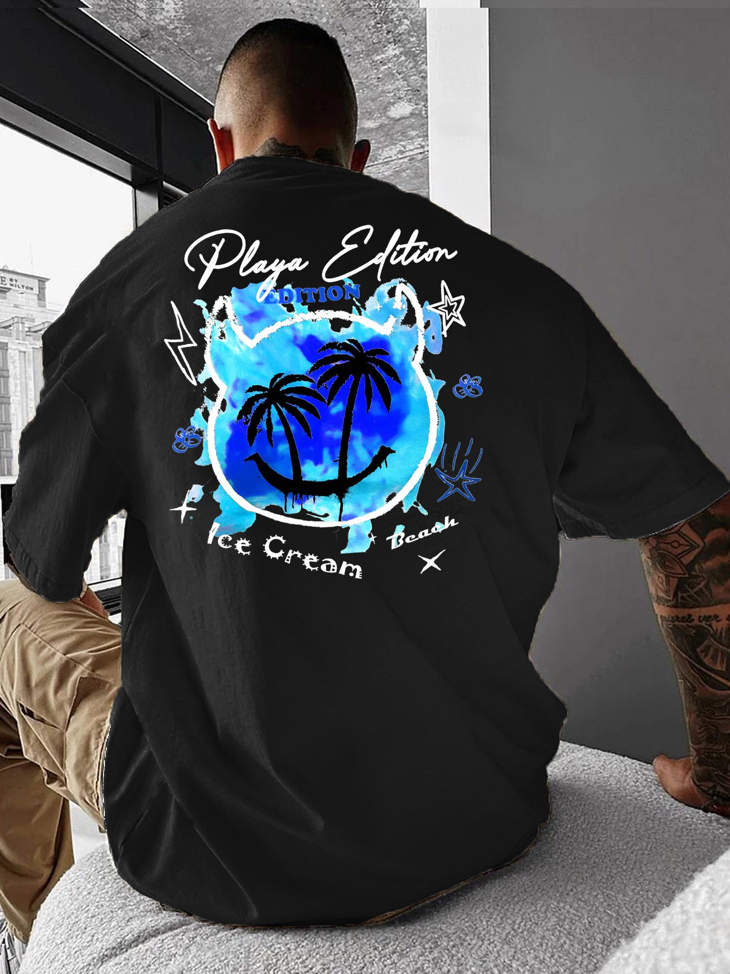 RMK T-Shirt Herren Shirt Top Rundhals mit Strand Smily Palmen Print aus 100% Baumwolle