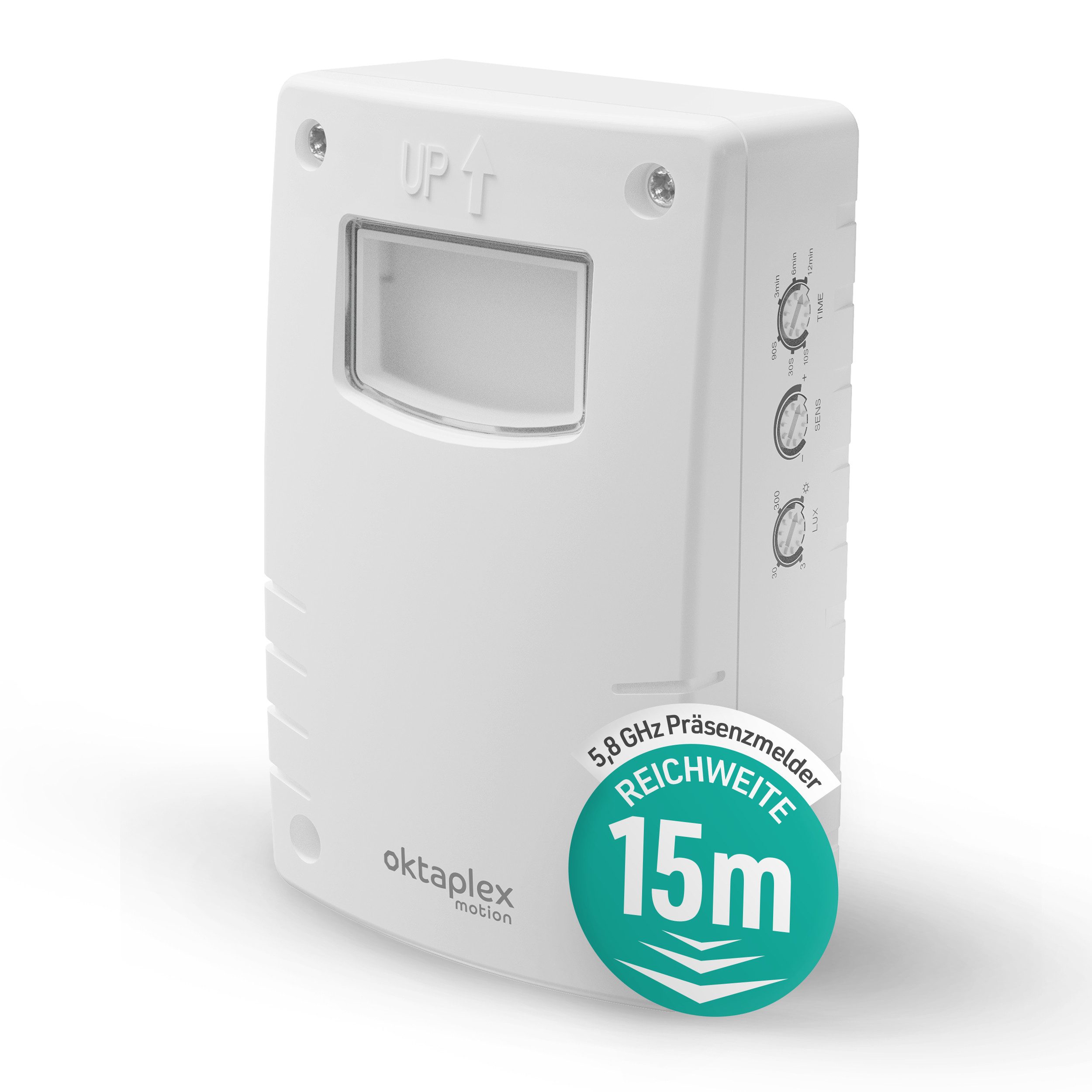 Oktaplex motion Bewegungsmelder Pit Bewegungsmelder HF 5,8 GHz 15m Wand IP65 230V, (1-St), Aufputz Sensor 180 Grad LED kompatibel weiß