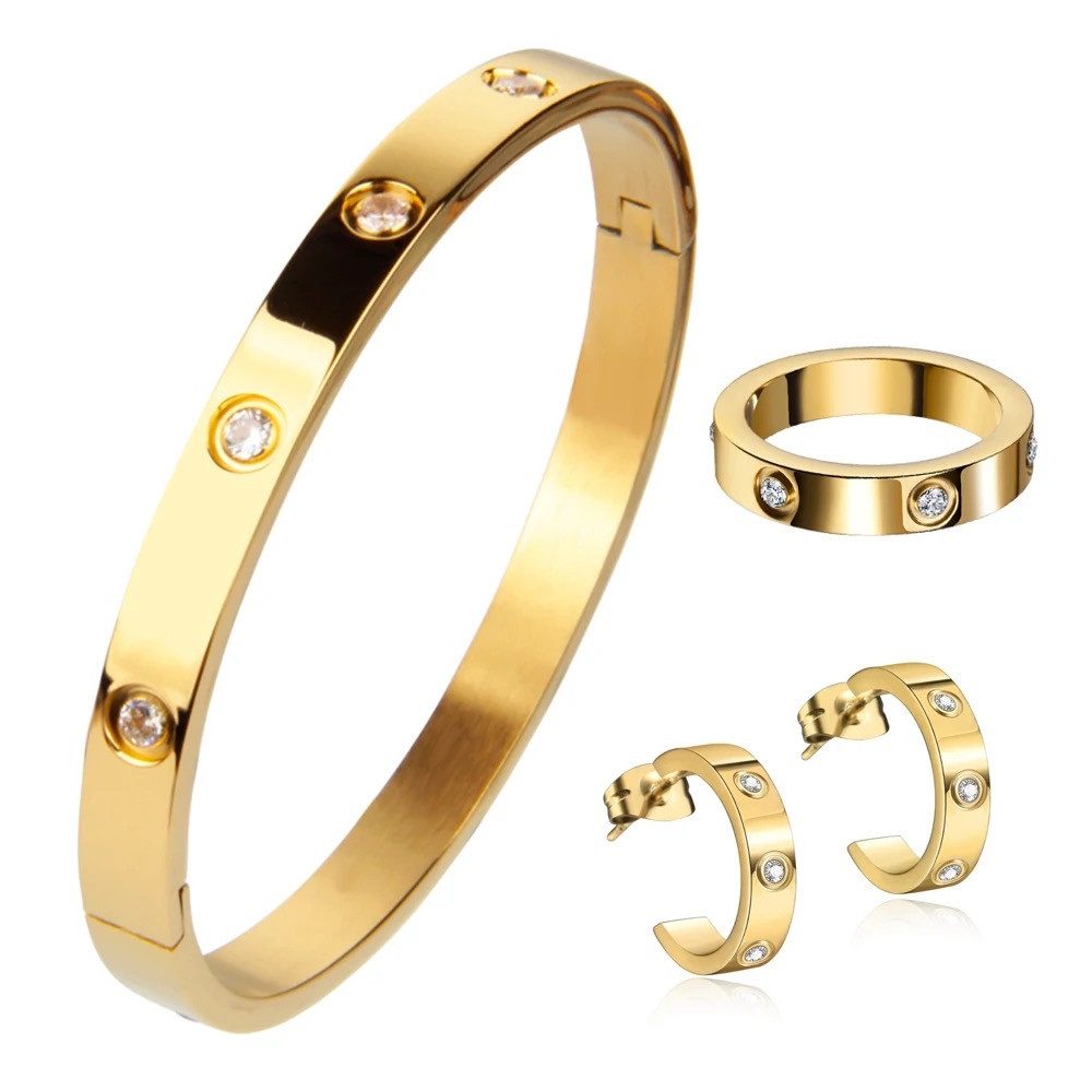 ROUGEMONT Schmuckset Damen Gold Schmuckset Armreif Ohrringe und Ring, Wasserfest