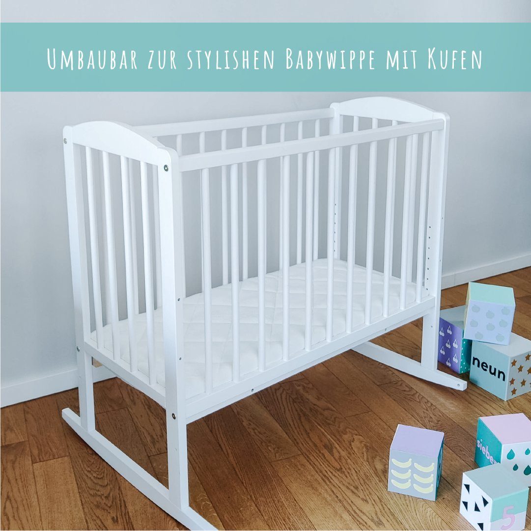 Kids Collective Beistellbett 90x40 cm mit Matratze, umbaubar zu 90x55 cm, 9 mal verstellbar, auch als Babywippe nutzbar, Kiefer-Vollholz in weiß – Bild 5 von 5