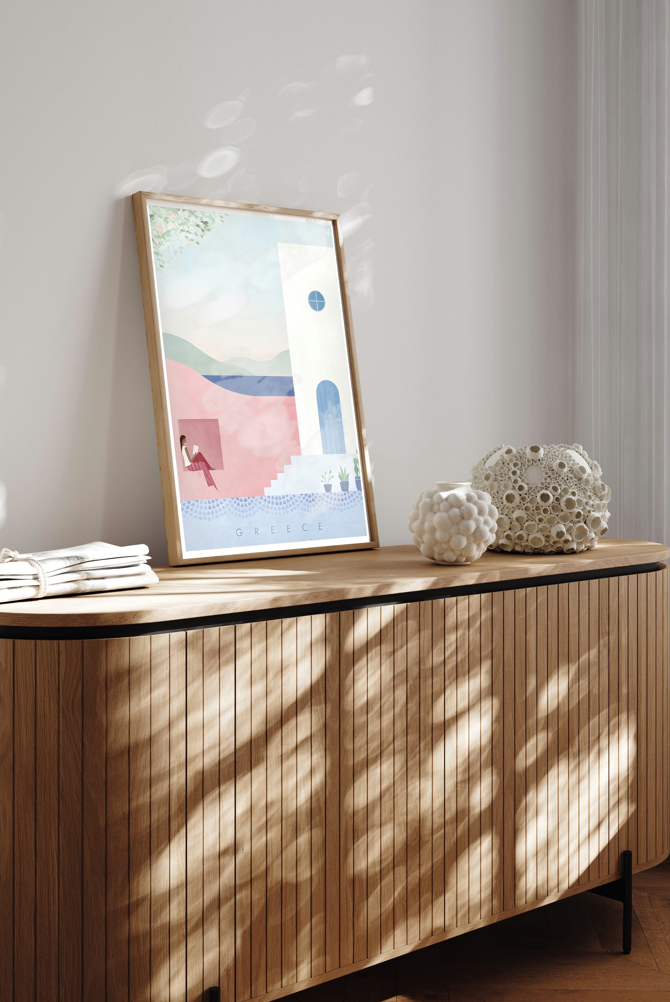 queence Bild mit Rahmen Zeichnung aus Santorini, Bilder von Europa, Bilder von Frauen, Elemente der Architektur, Fenster & Türen, Garten, Gartenbilder, Gebäude, Gemälde, Gewässer, Griechenland, Kunst (1 St), Kunstdruck in Pastell mit einem Echtholzrahmen