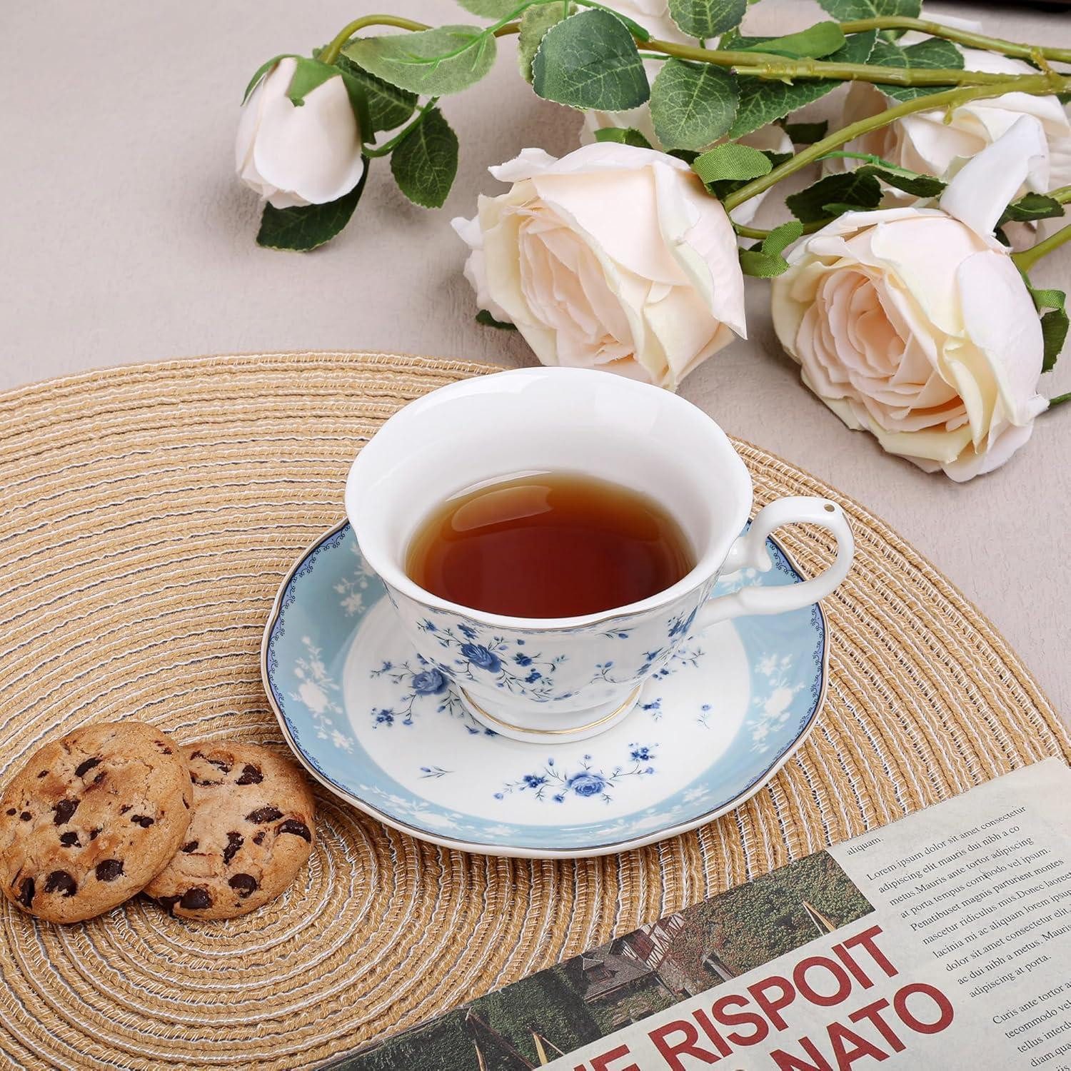 LuxusKollektion Tasse Teetassen Untertassen 6teilig Porzellan 150ml Blumenmuster Blau