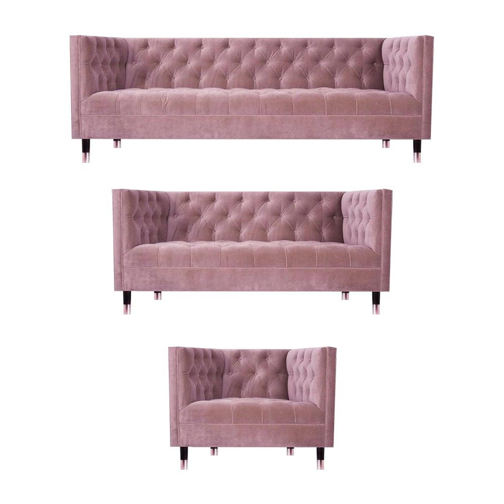 Xlmoebel Chesterfield-Sofa Sofagarnitur Rosa Chesterfield von XLMOEBEL, pflegeleichter Stoff, 3 Teile, Made in Europa