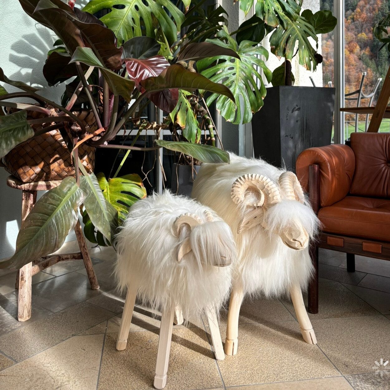 LIRA Deko Sitzhocker Set - Schafhocker Lammfell - Premium Tierhocker - Holz Islandschaffell (Hocker im Set), 100 % echtes Islandfell, geeignet für Chalets & Hütten, handgeschnitzt