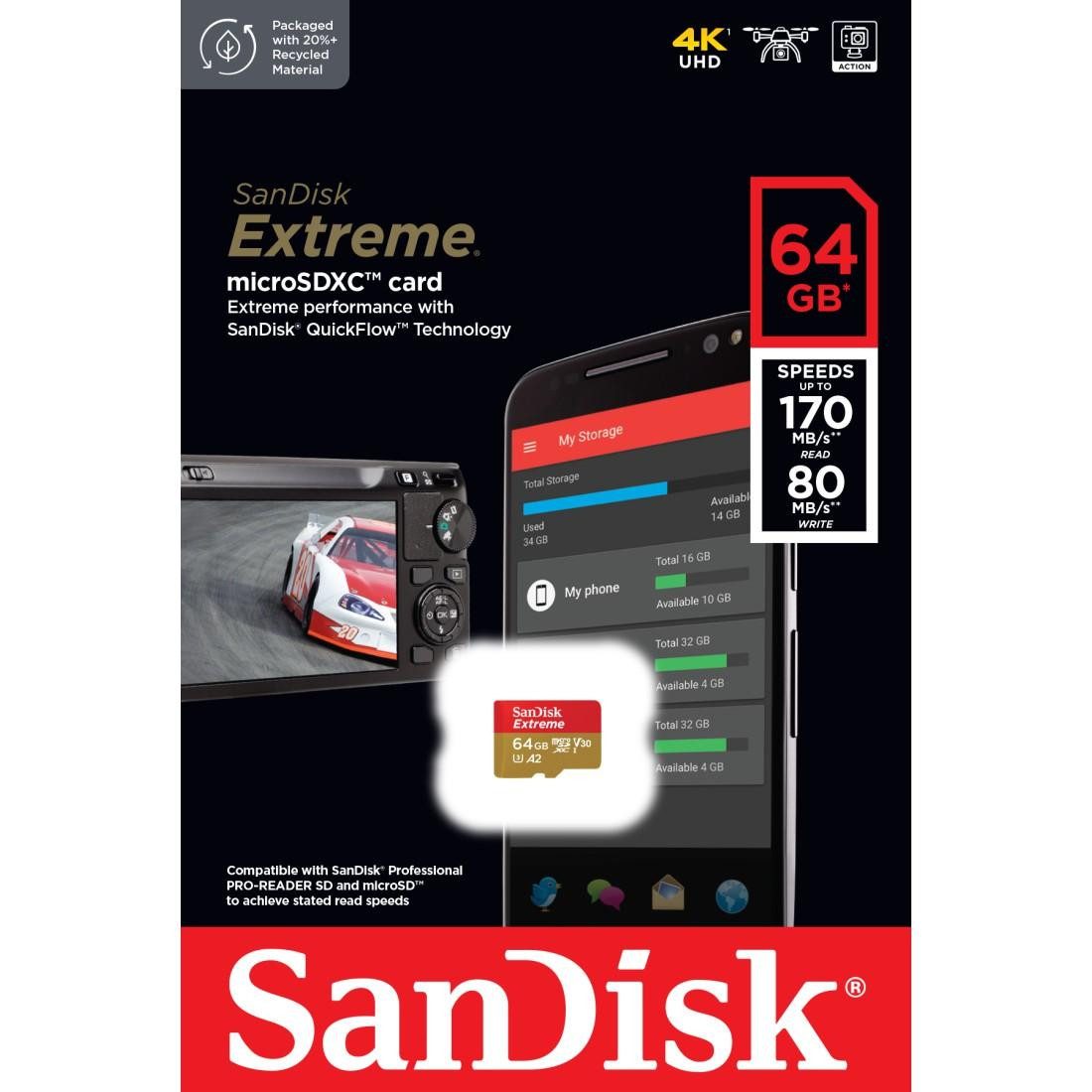 Sandisk microSDXC Extreme Speicherkarte (64 GB, Video Speed Class 30 (V30)/UHS Speed Class 3 (U3)
