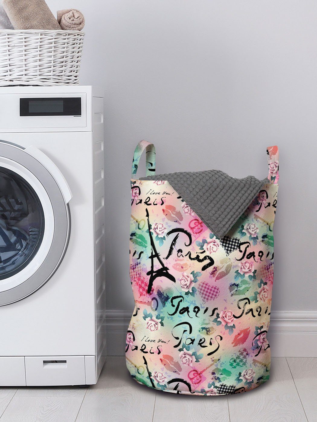 mit Wäschesäckchen Romantische Waschsalons, Kordelzugverschluss Rose Abakuhaus Griffen Wäschekorb für Blumen Paris