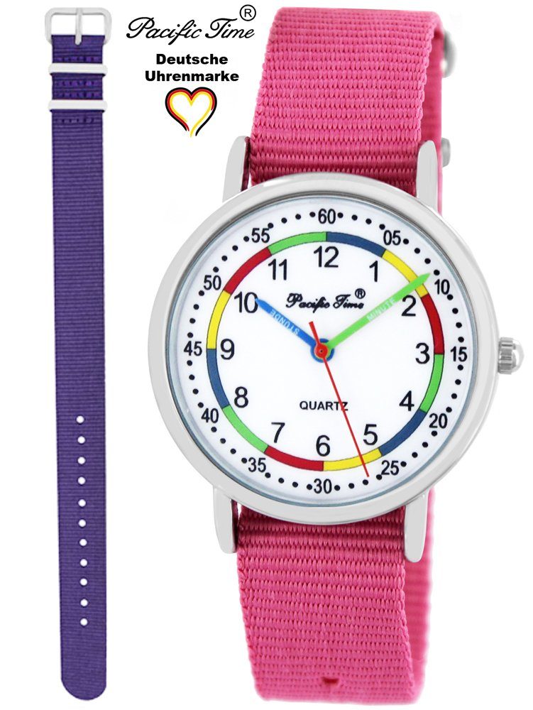 Pacific Time Quarzuhr Set Wechselarmband, Versand Match Mix Gratis First - Lernuhr Armbanduhr Kinder rosa und und violett Design
