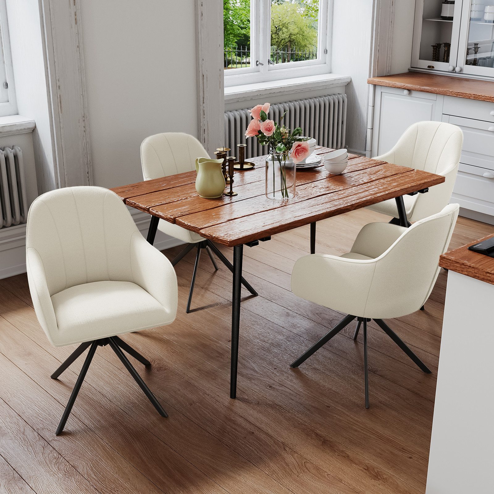 HawthyHome Esszimmerstuhl mit Armlehnen und Metallbeinen, 4er-Set, 360° drehbarer,Beige (4 St), 360° drehbarer – Bild 3 von 5