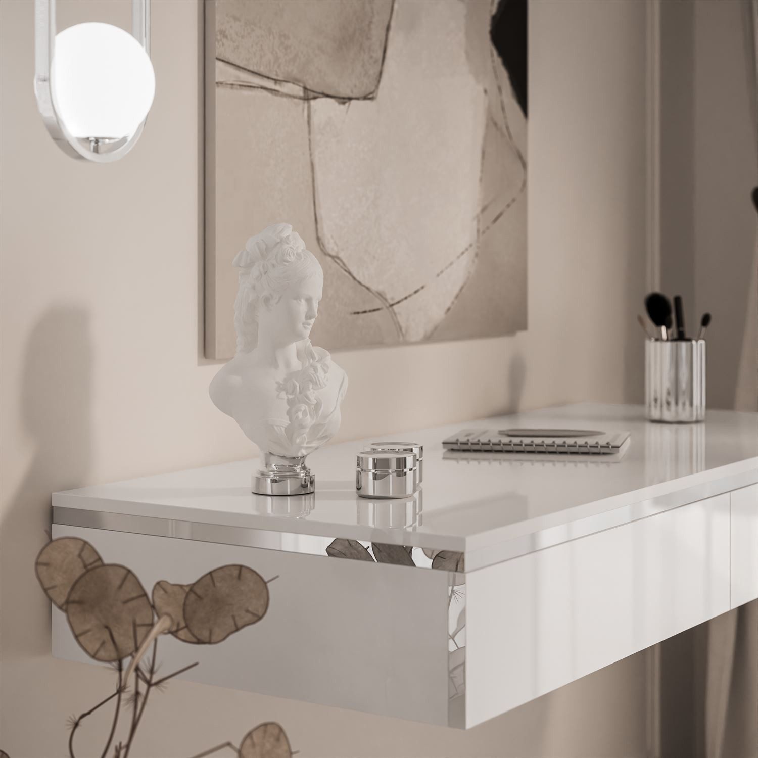 Lookway Schminktisch AURORA SILVER Hängender Kosmetiktisch mit Spiegel (1x Konsole und 1x Spiegl), Breite: 102 cm, Höhe: 15 cm, Tiefe: 43,6 cm – Bild 5 von 5