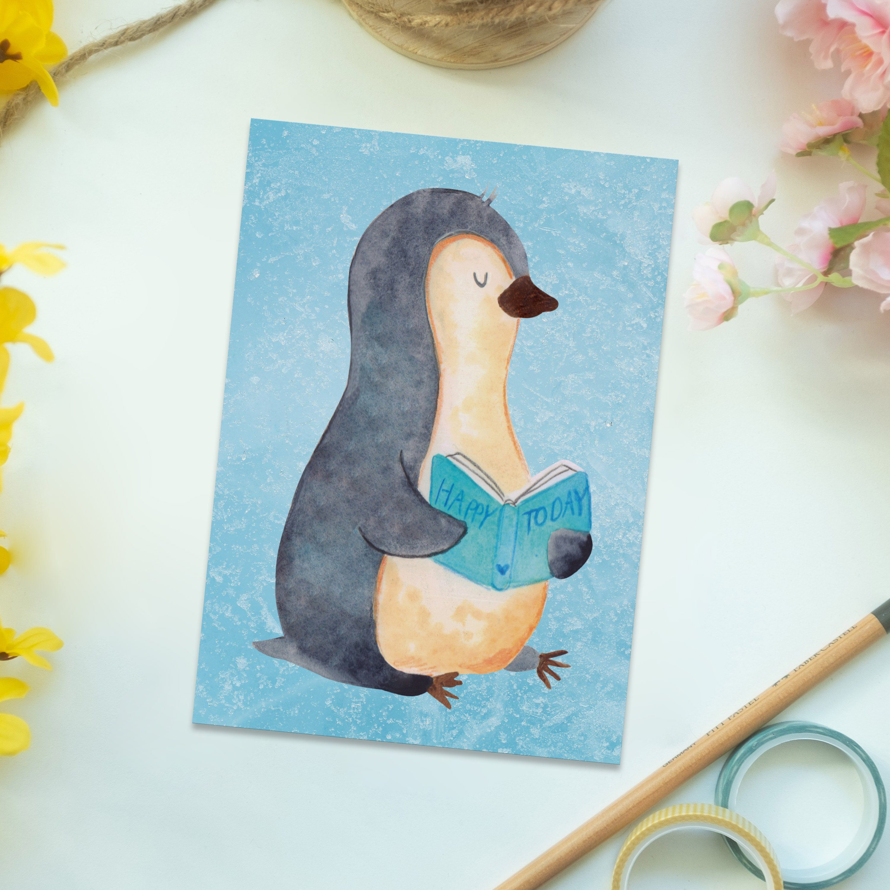 Buch Postkarte - Panda Geschenk, F Nichtstun, Eisblau & Faulenzen, - Mr. Grußkarte, Pinguin Mrs.