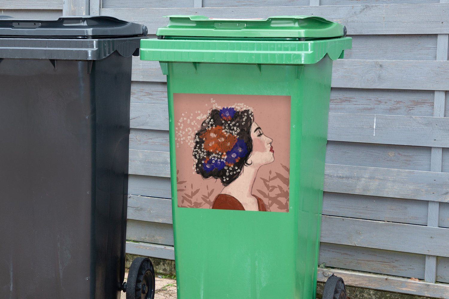 - Blumen Braun Container, - Mülltonne, Wandsticker Mülleimer-aufkleber, Frau Abfalbehälter MuchoWow - (1 St), Pastell - Sticker, Porträt