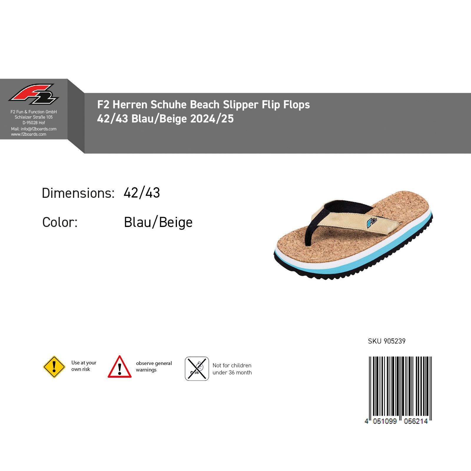 F2 F2 Herren Schuhe Beach Slipper Flip Flops 42/43 Blau/Beige 2024/25 Slipper
