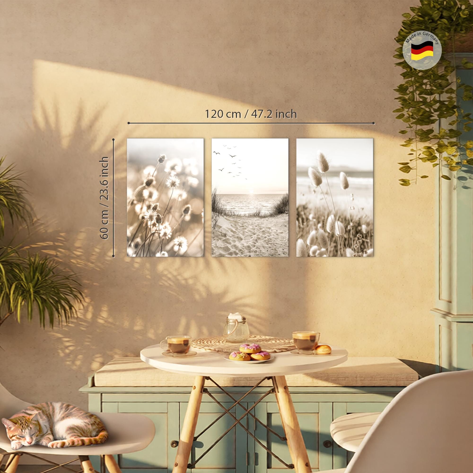 Novart Wandbild Bilder Boho Pampasgras AUFHÄNGFERTIG für Schlafzimmer Flur Deko Beige, 40 x 60 cm - 3 Bilder