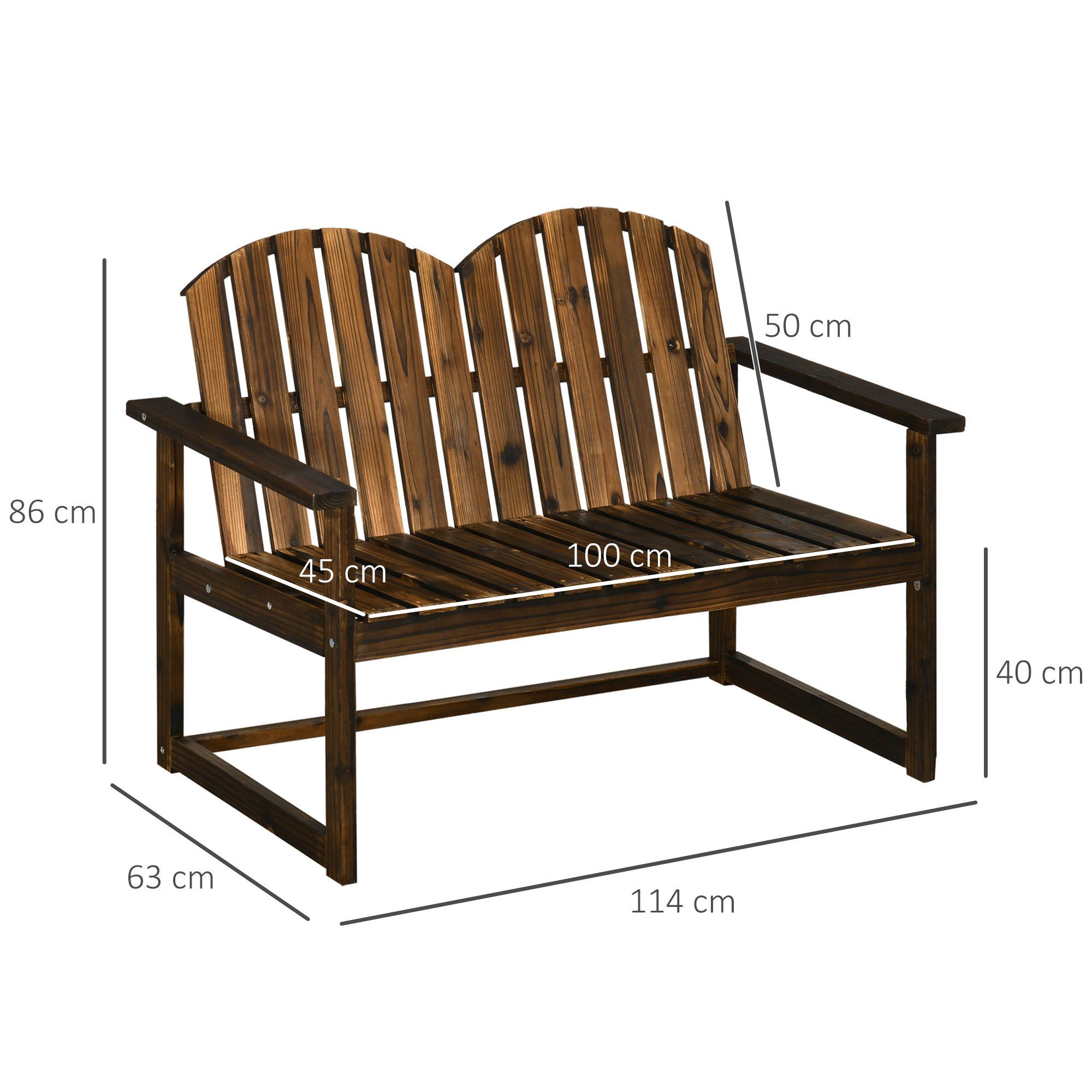 Outsunny Bank Holzbank mit Rückenlehne, Armlehne, Parkbank, bis 240 kg belastbar (Gartenbank, 1-St., 2-Sitzer Sitzbank), für Garten, Balkon, Verkohlt, 114 x 63 x 86 cm