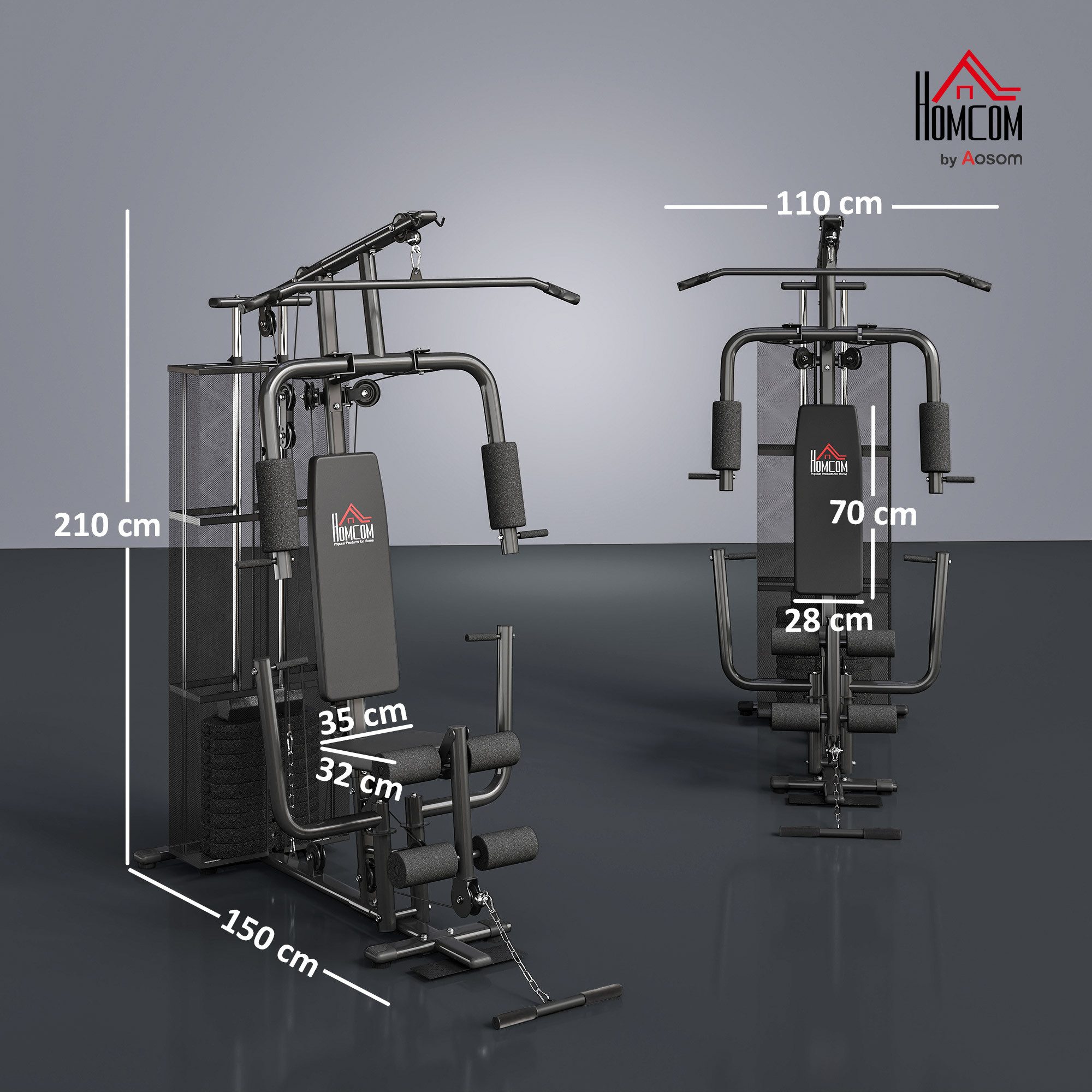 HOMCOM Kraftstation Fitnessstation Multigym Fitnesscenter Fitnessgerät, 10 Gewichtsblöcke (Beincurl, 1-tlg., Latzug), 150cm x 110cm x 210cm