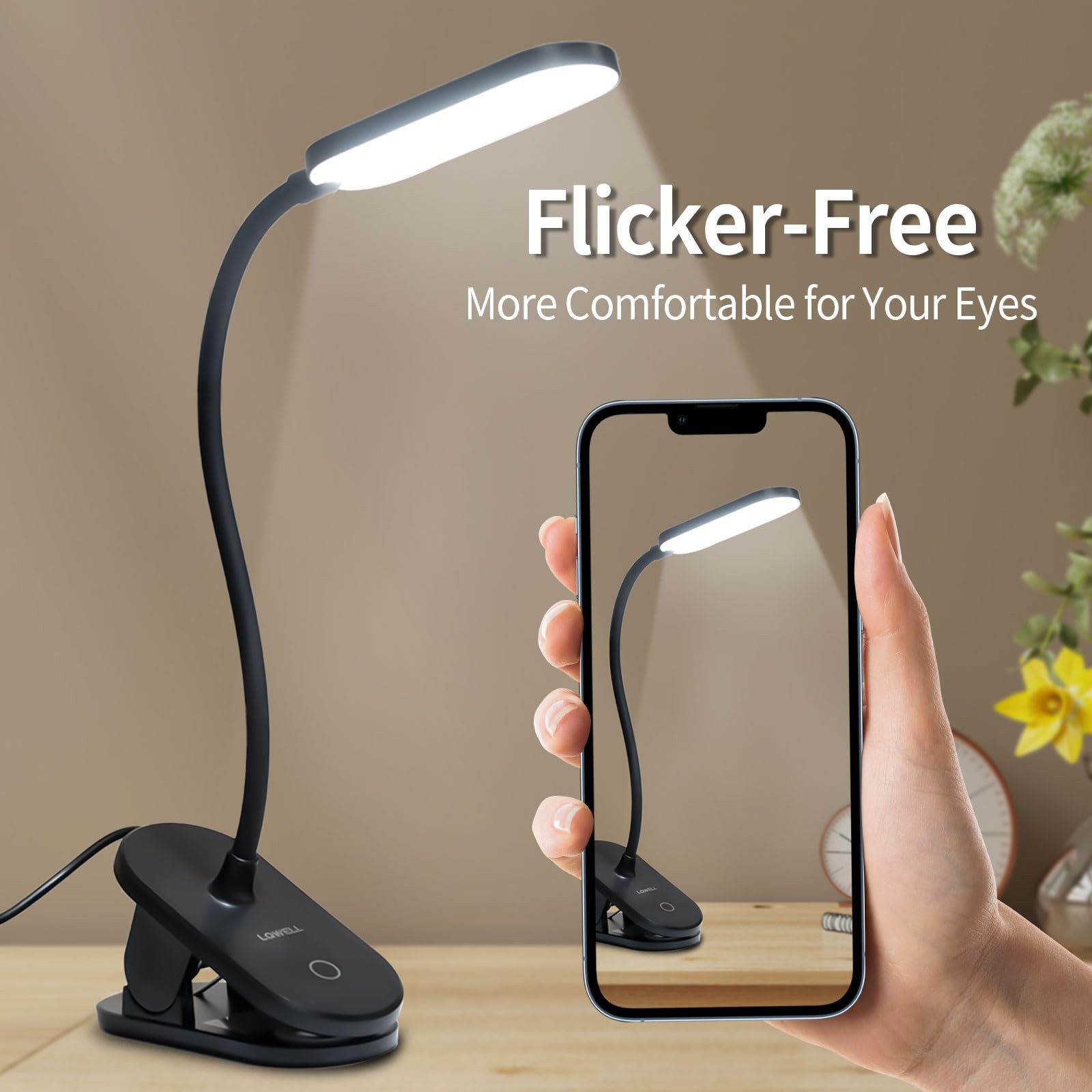 LQWELL LED Leselampe Klemmlampe Leselampe Bett, Dimmbare Klemmleuchte, LED fest integriert, 3 Helligkeitsstufen & 360° Flexible Klemme Schreibtischlampe, mit To – Bild 5 von 5