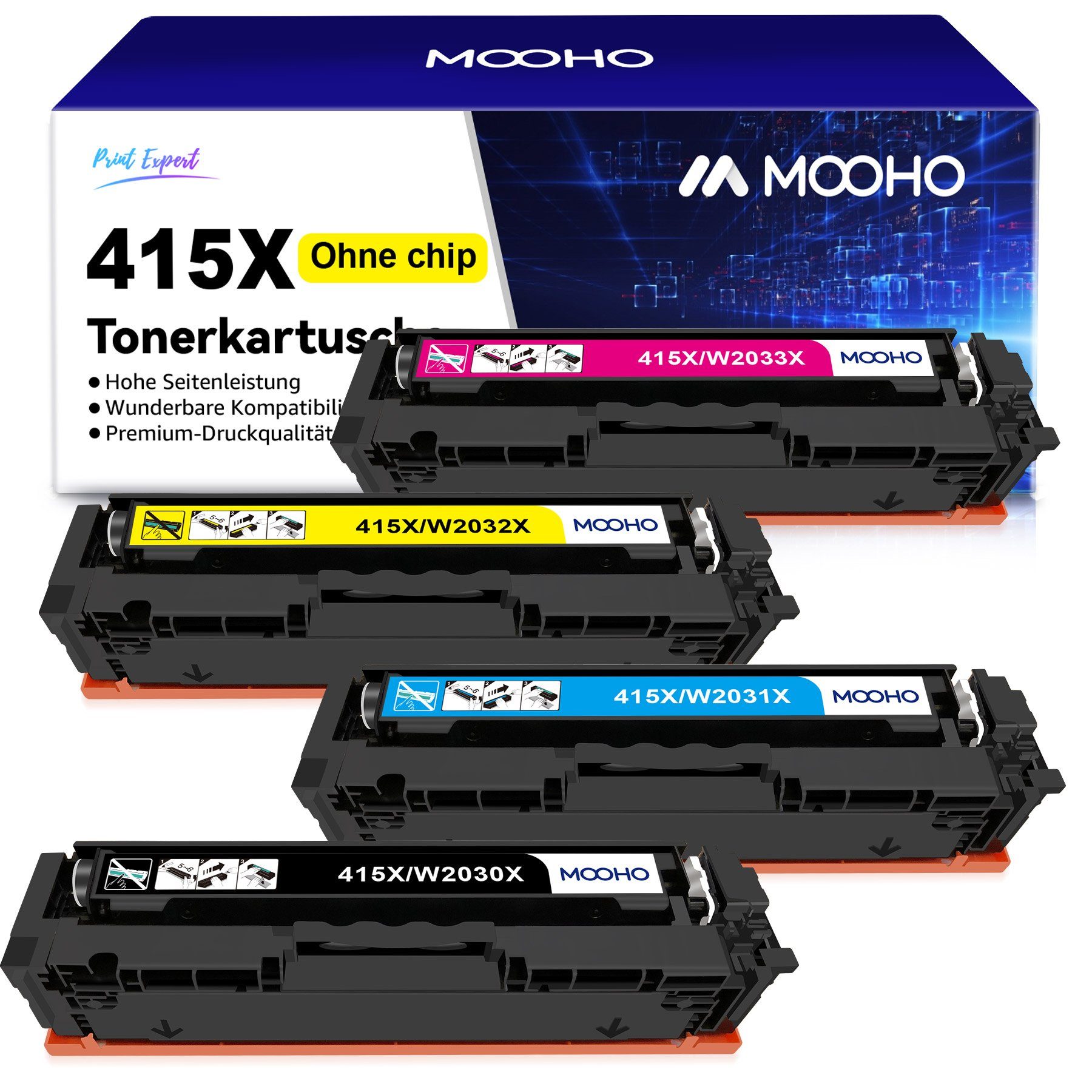 MOOHO Tonerkartusche für HP 415A 415X Kein Chip 4-St M479fdw M454dw M479fnw, (4-St) XL (Schwarz: 7,500; Farbe: 6,000)