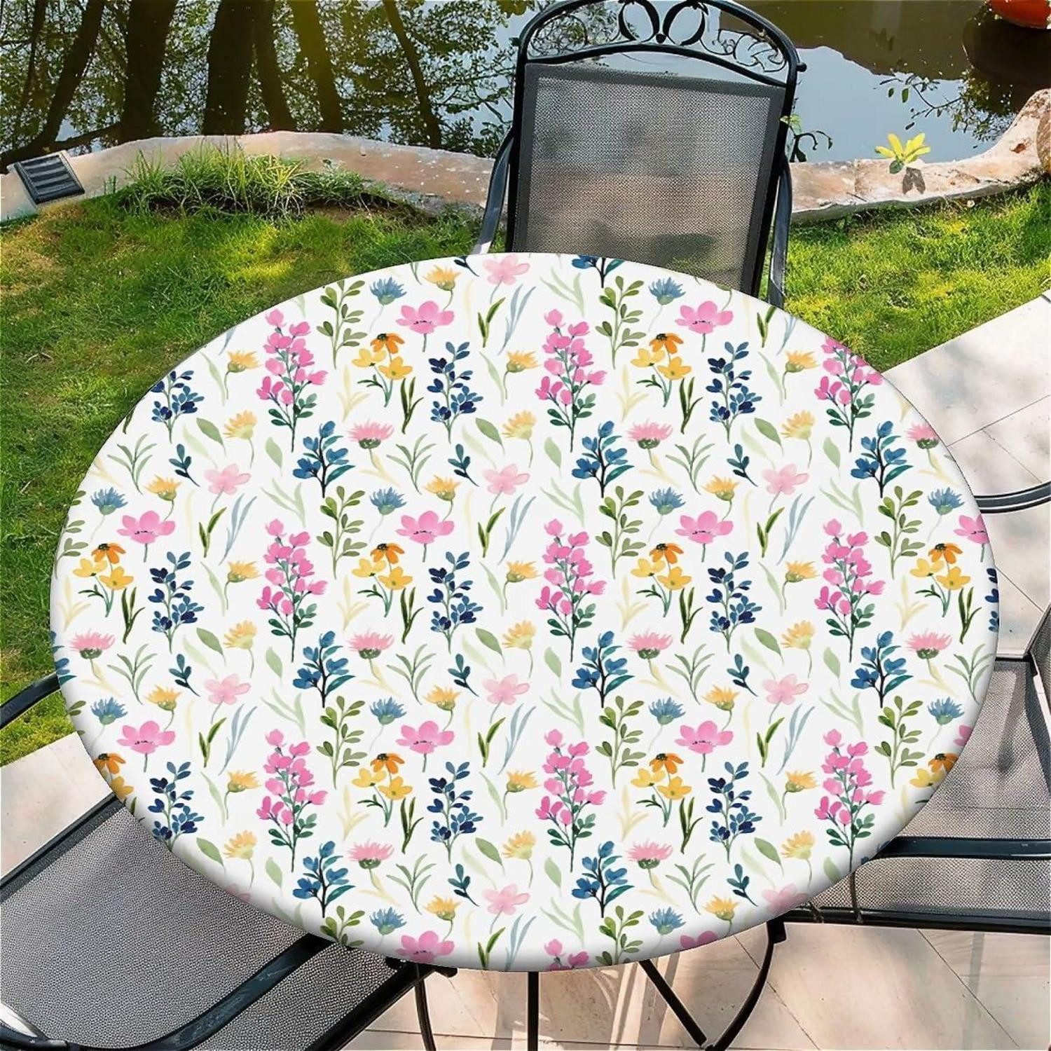 LuxusKollektion Gartentischdecke Outdoor Tischdecke Rund Gummizug Rosa Blumen 90cm (1-tlg)