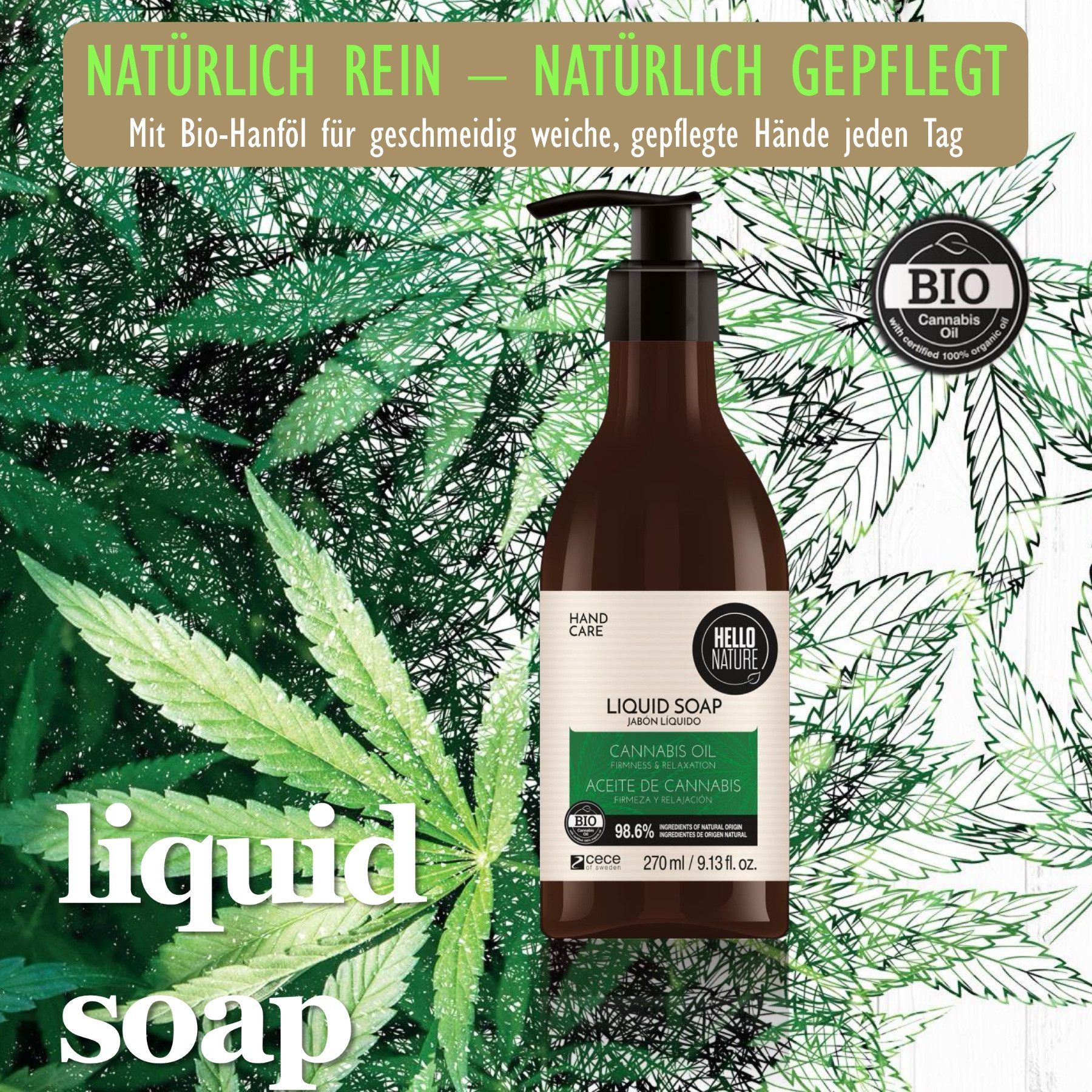 P-Beauty Cosmetic Accessories Handseife Flüssigseife Naturseife Schaumseife Duschgel mit Hanföl Hello Nature, 3-tlg., Handseife, Handpflege, Canabis, Hello Nature
