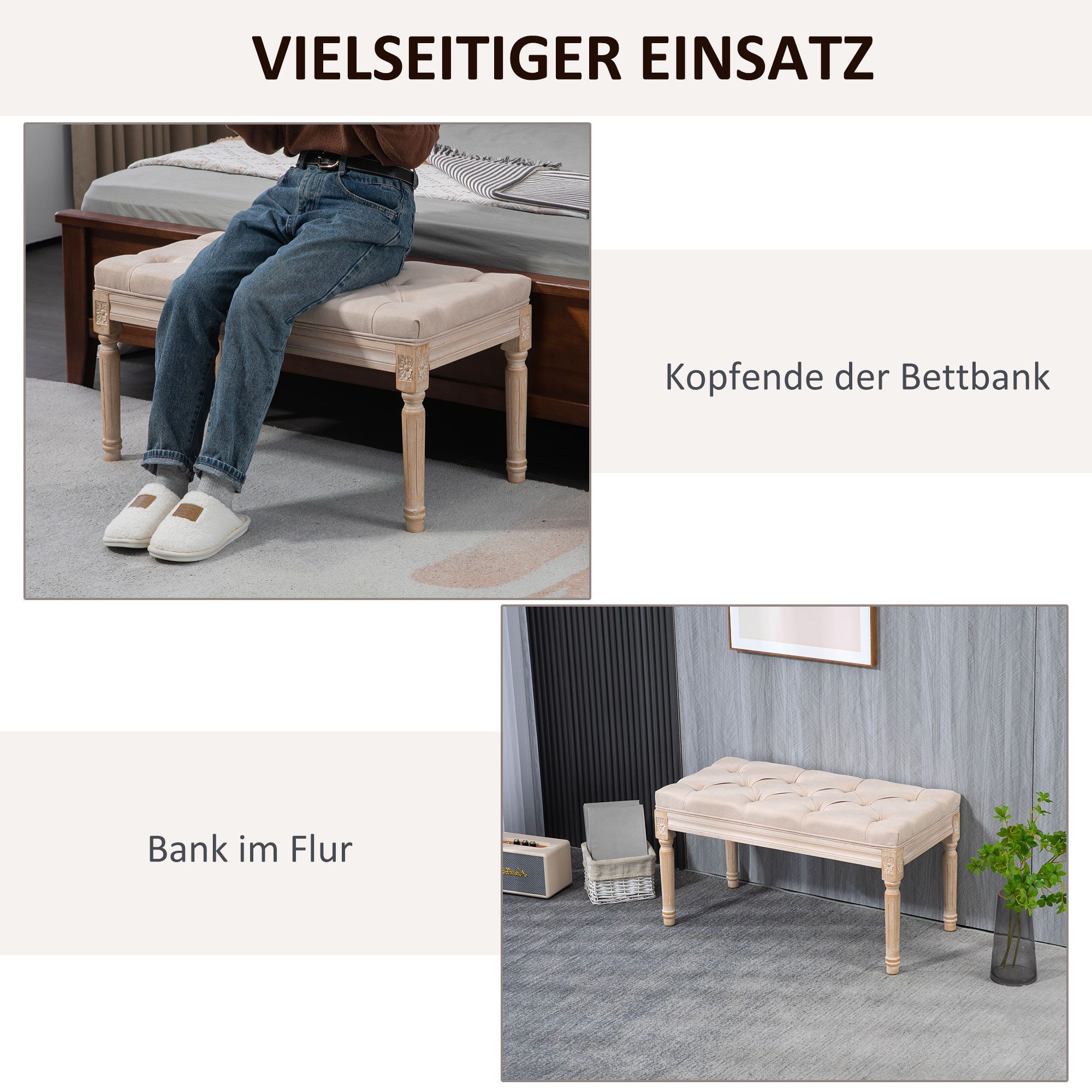 MC Star Polsterbank Vintage Sitzbank Flurbank mit Knöpfen Leinenoptik bis 120 kg (belastbar 80x40x43 cm Beige für Flur & Wohnzimmer)