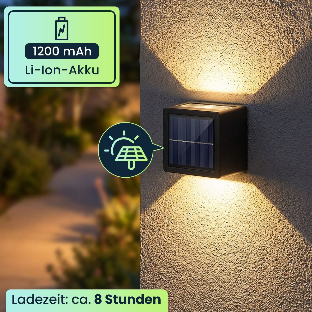 shop'n smile ideoon LED Außen-Wandleuchte Solarleuchten Outdoor mit Akku&Sensor IP44 Deko Strahler 12 LEDs, 12 LEDs pro Leuchte, Leuchtdauer 10 St. Dämmerungssensor Warm-&Kaltweiß 12 LEDs pro Leuchte