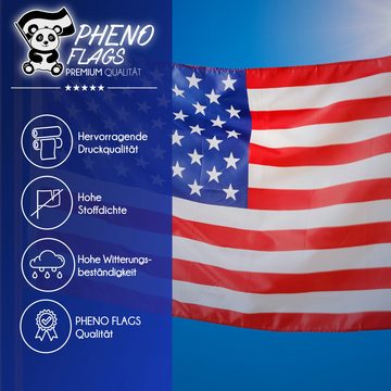PHENO FLAGS Flagge Premium USA Flagge 90 x 150 cm Amerikanische Fahne Amerika (Hissflagge für Fahnenmast), Inkl. 2 Messing Ösen