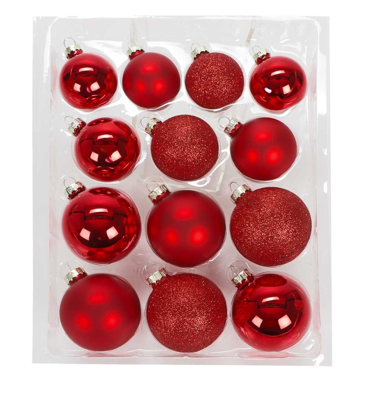 Bubble-Store Weihnachtsbaumkugel 3 Dekors, Hochglanz, Matt und Glitzer, 26 Echt-Glas Weihnachtskugeln 3 Größen Ø 5, 6, 7 cm rot