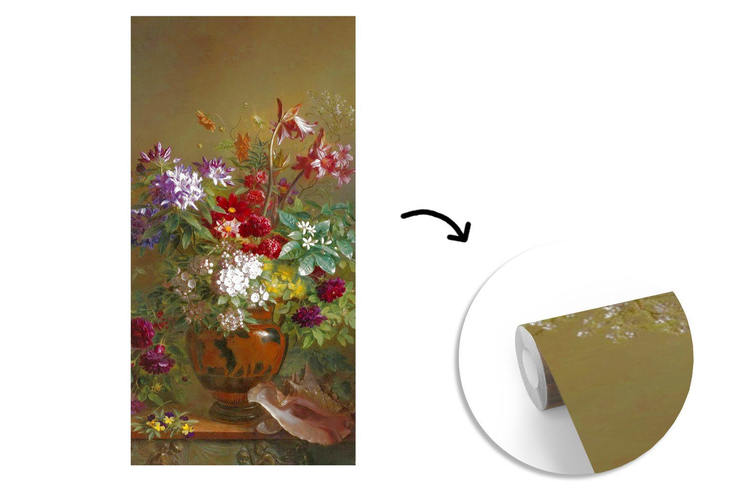 Stilleben einer Küche, bedruckt, Schlafzimmer - (2 Vliestapete Meister Matt, Vase Kunst, Fototapete griechischen Wohnzimmer - in mit für Alte Blumen Fototapete MuchoWow St),