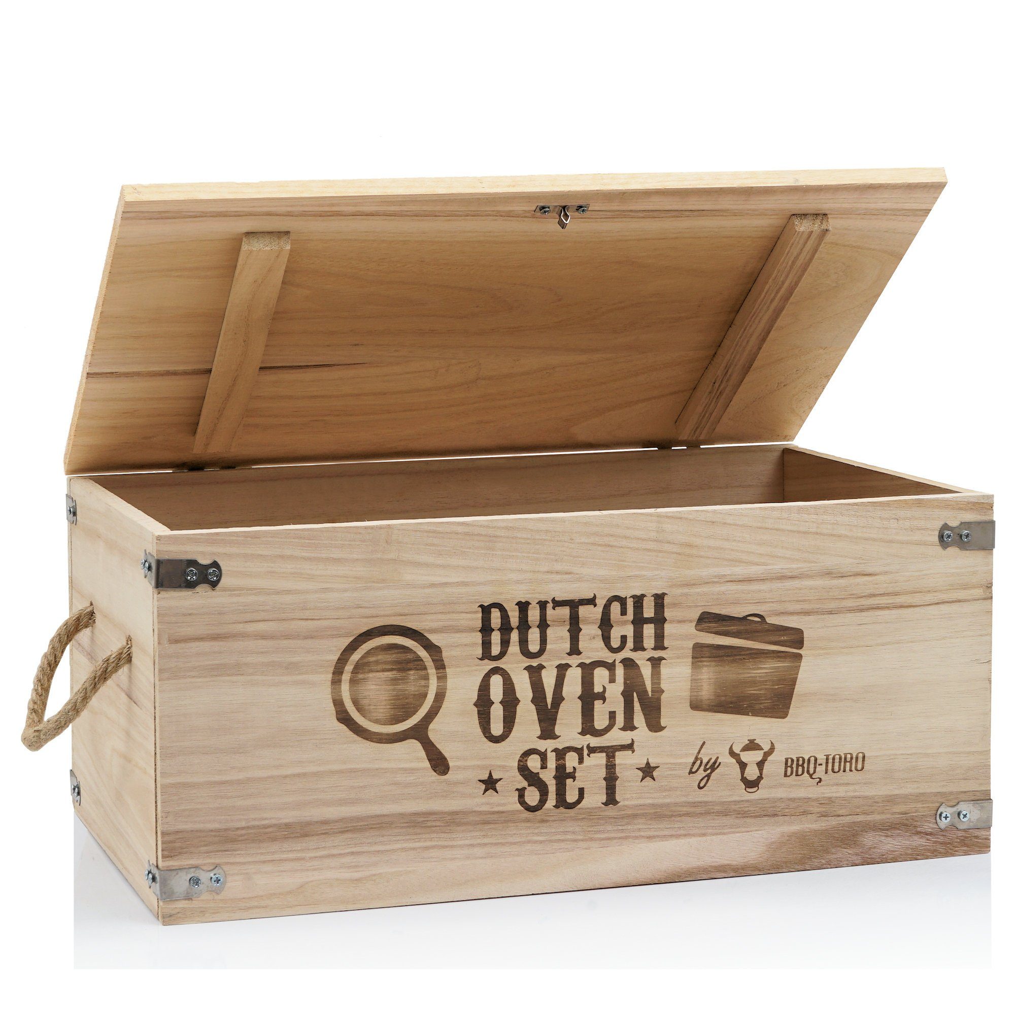 BBQ-Toro Grilltopf 10-teiliges Dutch Oven Set in Holzkiste mit Waffeleisen, Stieltopf, Gusseisen (Set, Dutch Oven Set in Holzkiste)