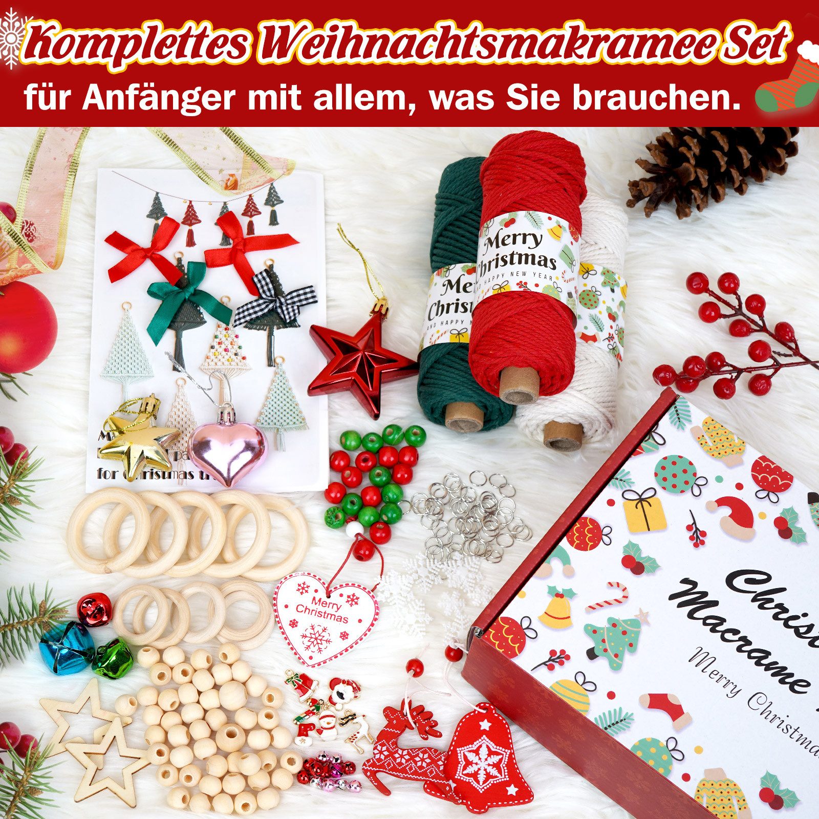 OSTWOLKE Makramee Garn Set DIY Makramee Weihnachtsdeko Set mit Anleitung Bastelgarn, (1-St)
