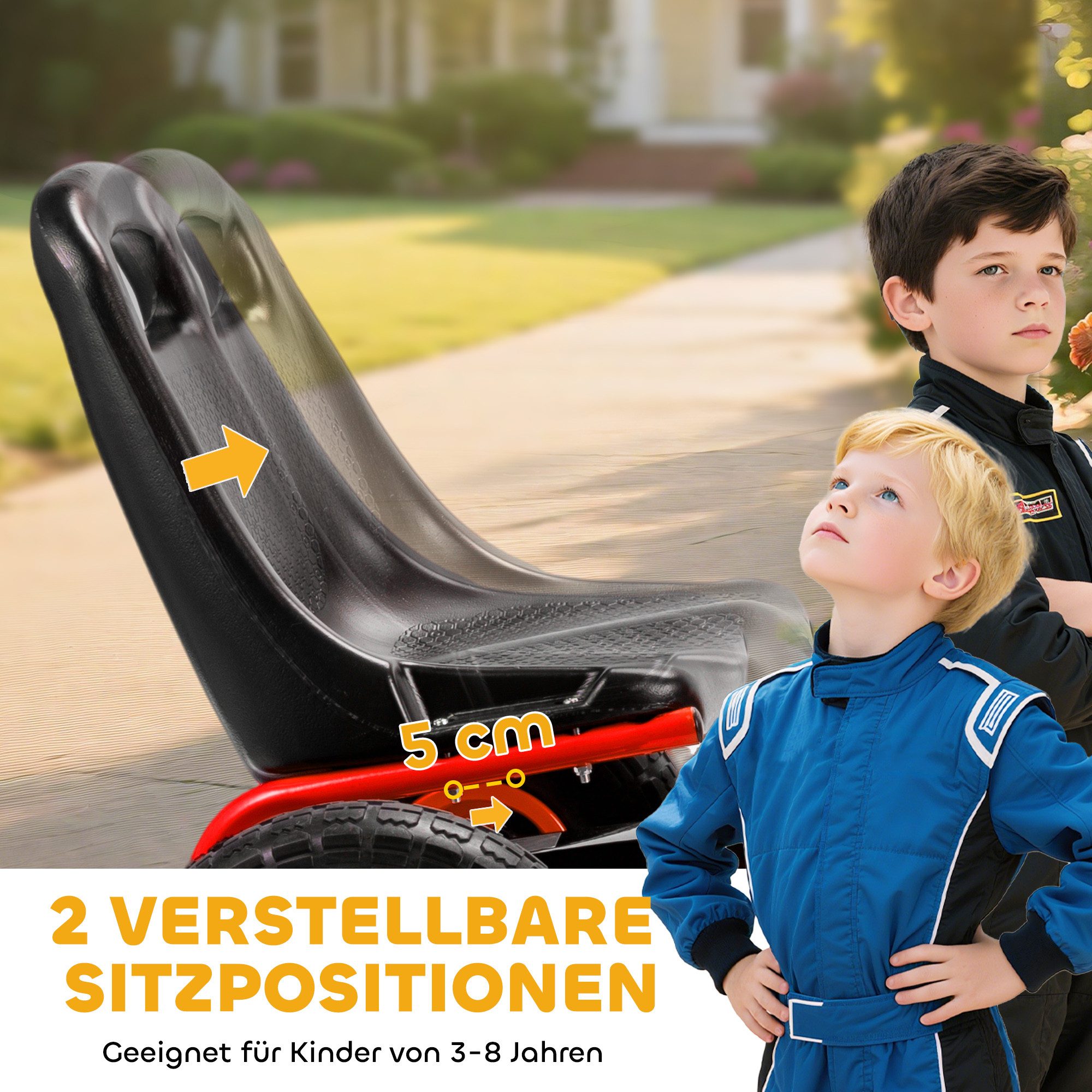 AIYAPLAY Go-Kart Tretauto mit Handbremse, verstellbarem Sitz, Pedalantrieb, für Kinder 3-8 Jahren, Rot – Bild 5 von 5