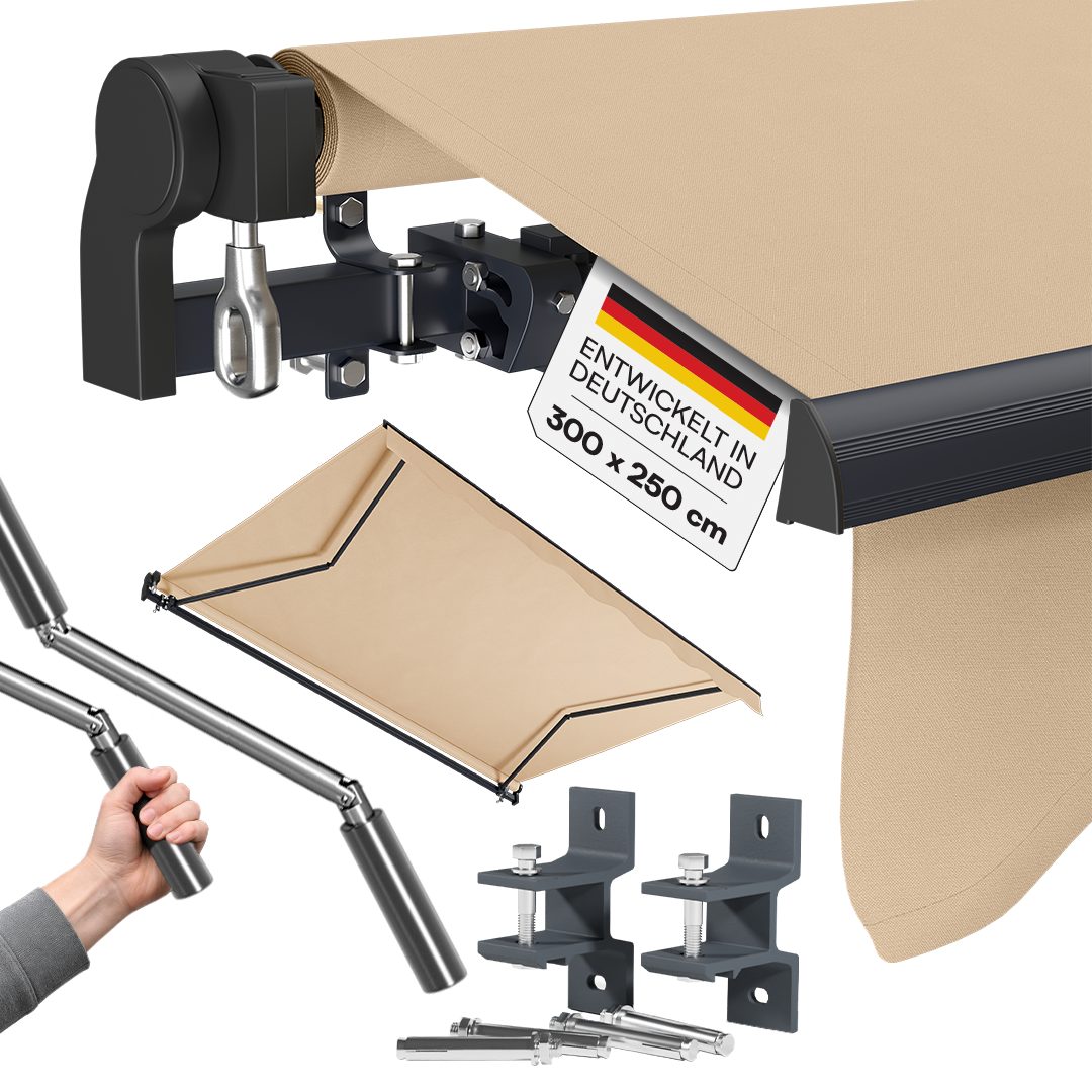 STEELSØN Gelenkarmmarkise Kestria wetterfest & blickdicht, Alu-Kassette, Wandhalterung & Gewebe (300x250 cm, beige) langlebiges Kunststoffgewebe, Markise für Balkon/Dachterrasse/Garten