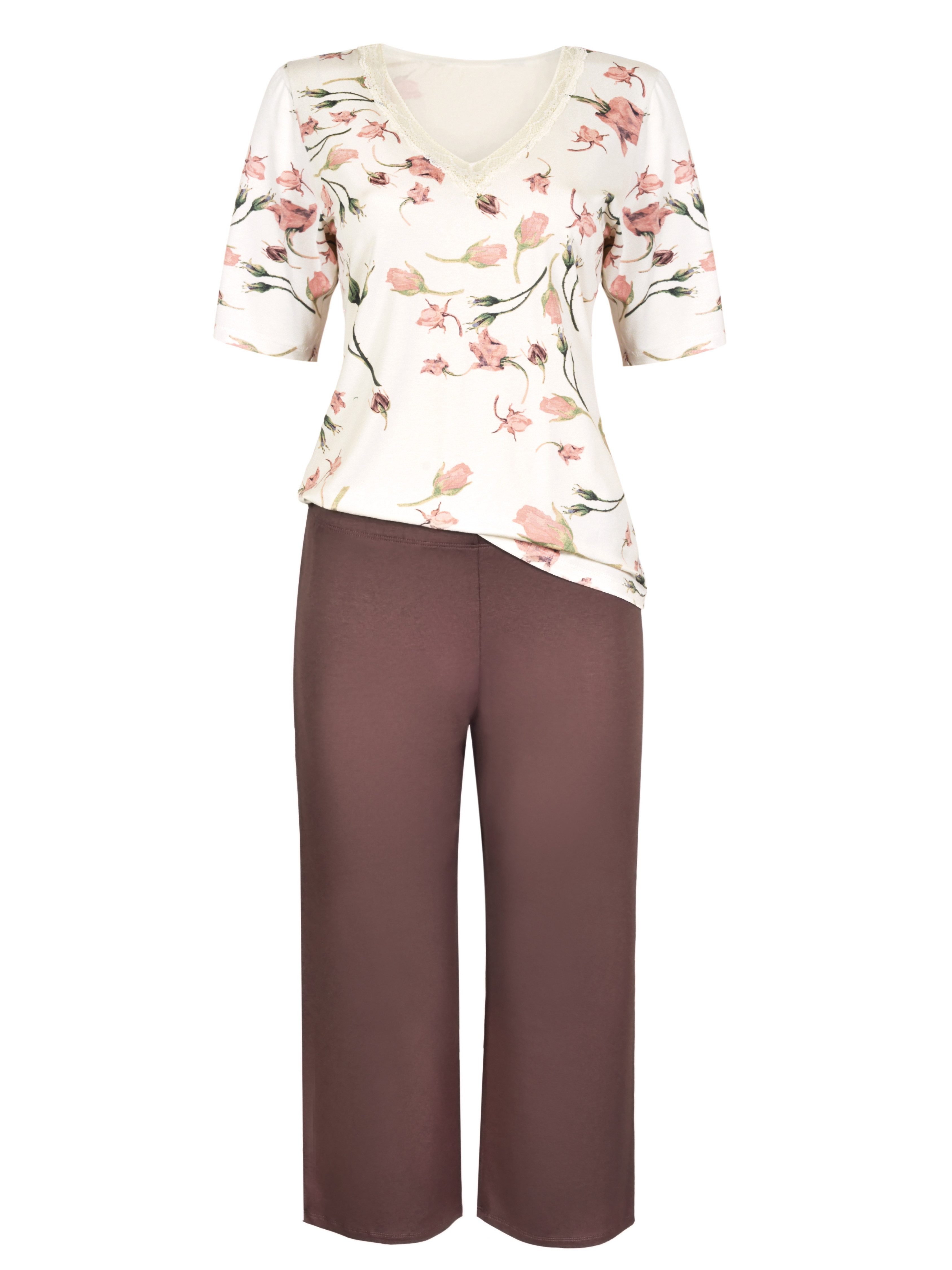 Donna Capri-Pyjama 3/4 Schlafanzug mit Rosen-Druck (2 tlg) Damen Kurzarm Py günstig online kaufen