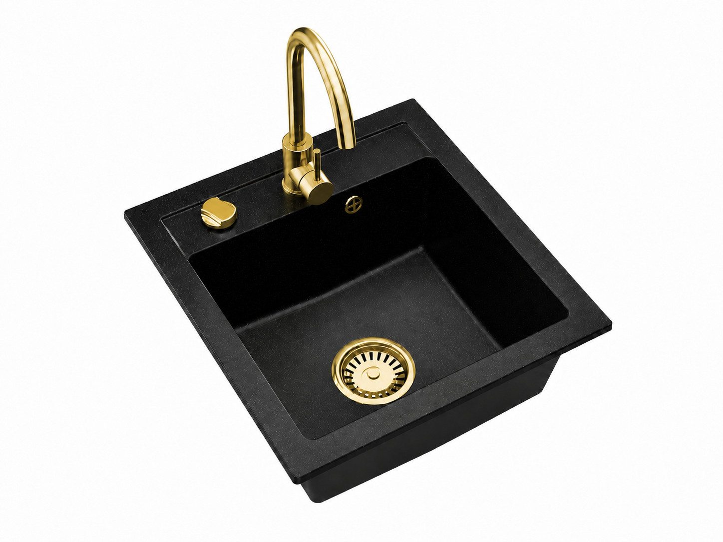 Faizee Möbel Granitspüle Granitspüle 49x52 +Armatur Gold Küchenspüle Spülbecken inkl. Siphon, eckig, 49/52 cm