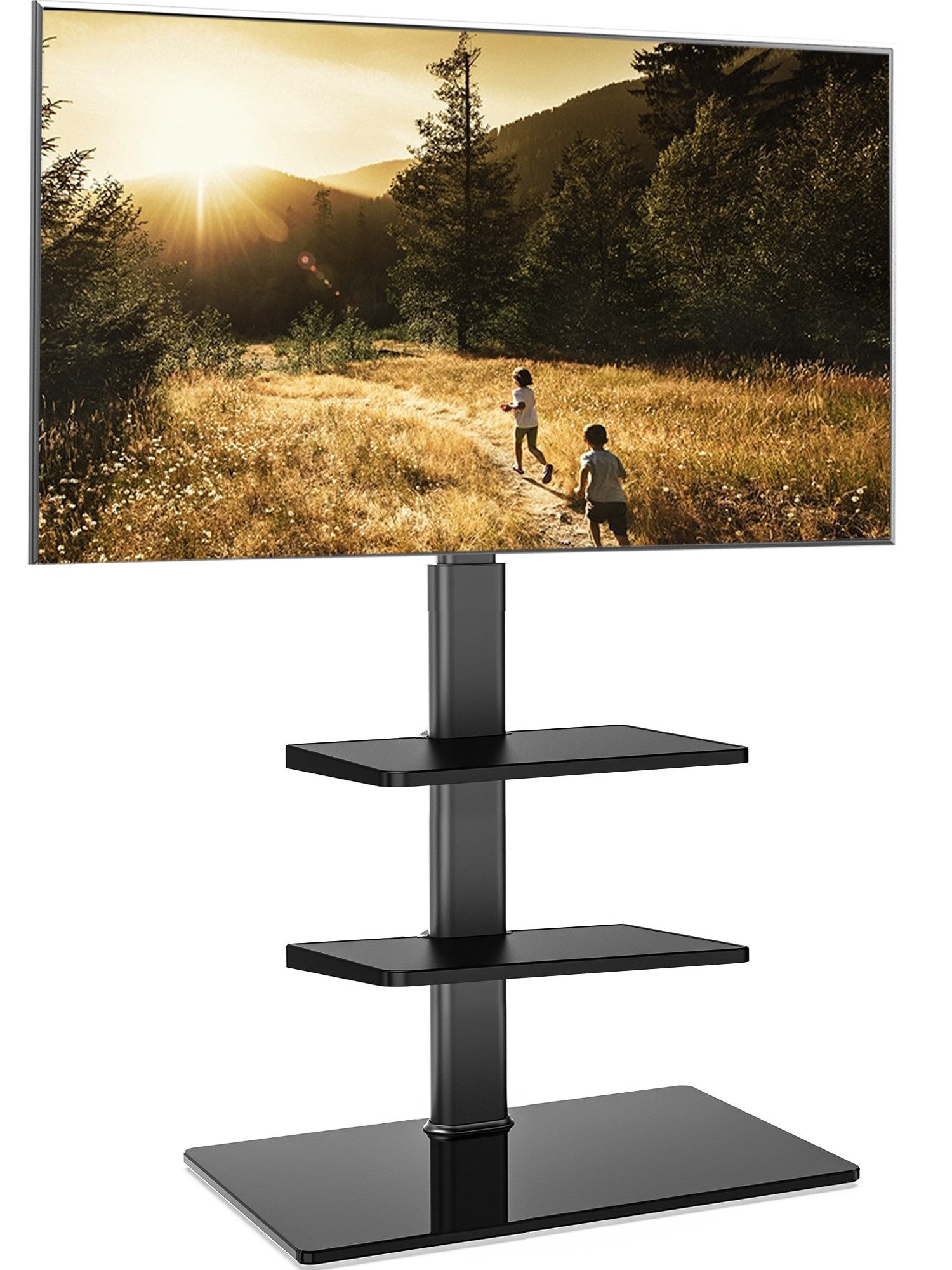 FITUEYES TV-Ständer mit 2 Ablagen, höhenverstellbar, ±30°schwenkbar, 32-60 Zoll, (bis 60,00 Zoll, verstellbare Ablagen, aus gehärtetem Glas)